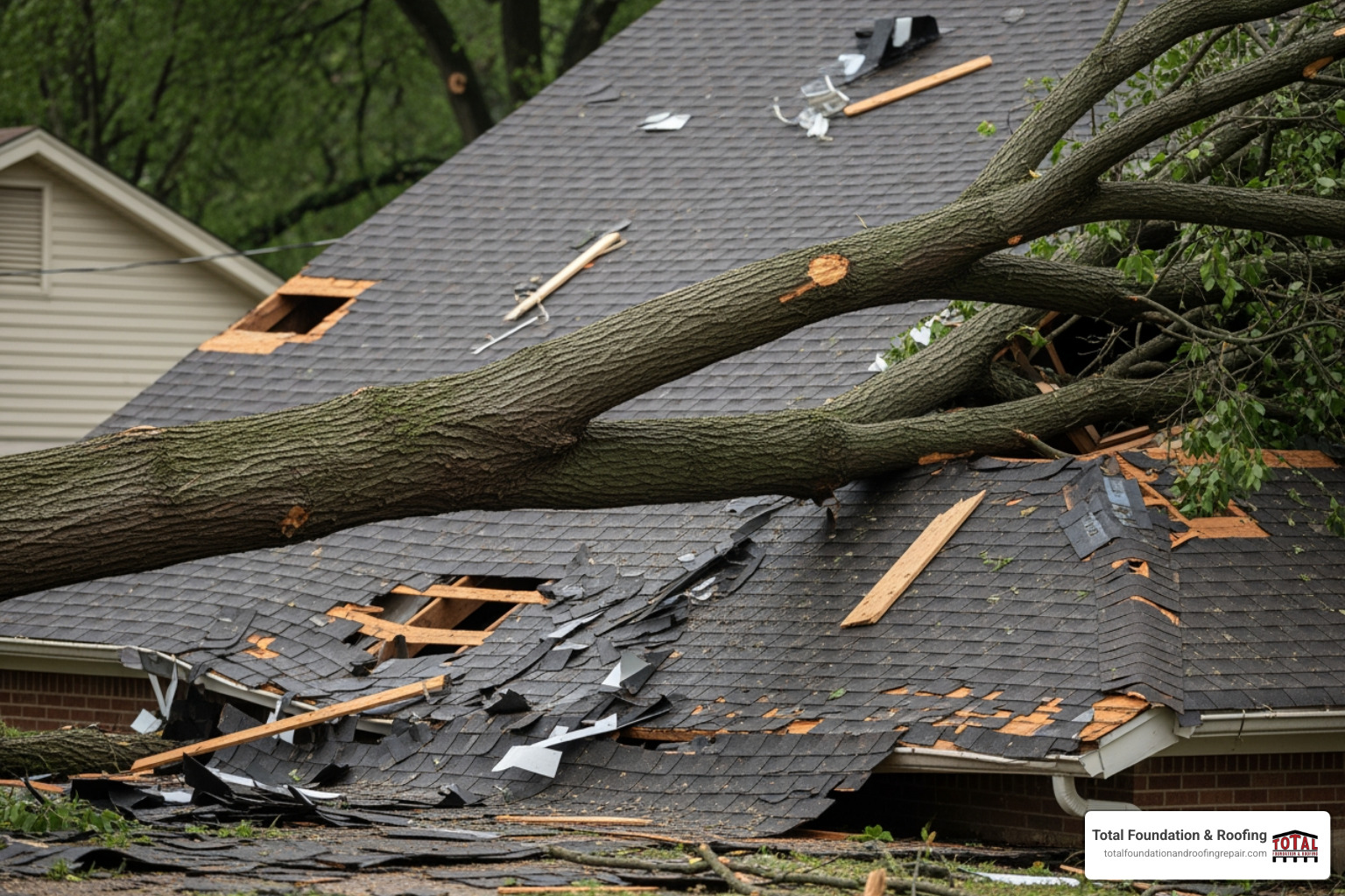 Tree fallen on a residential roof structure causing severe damage - emergency storm roof repair