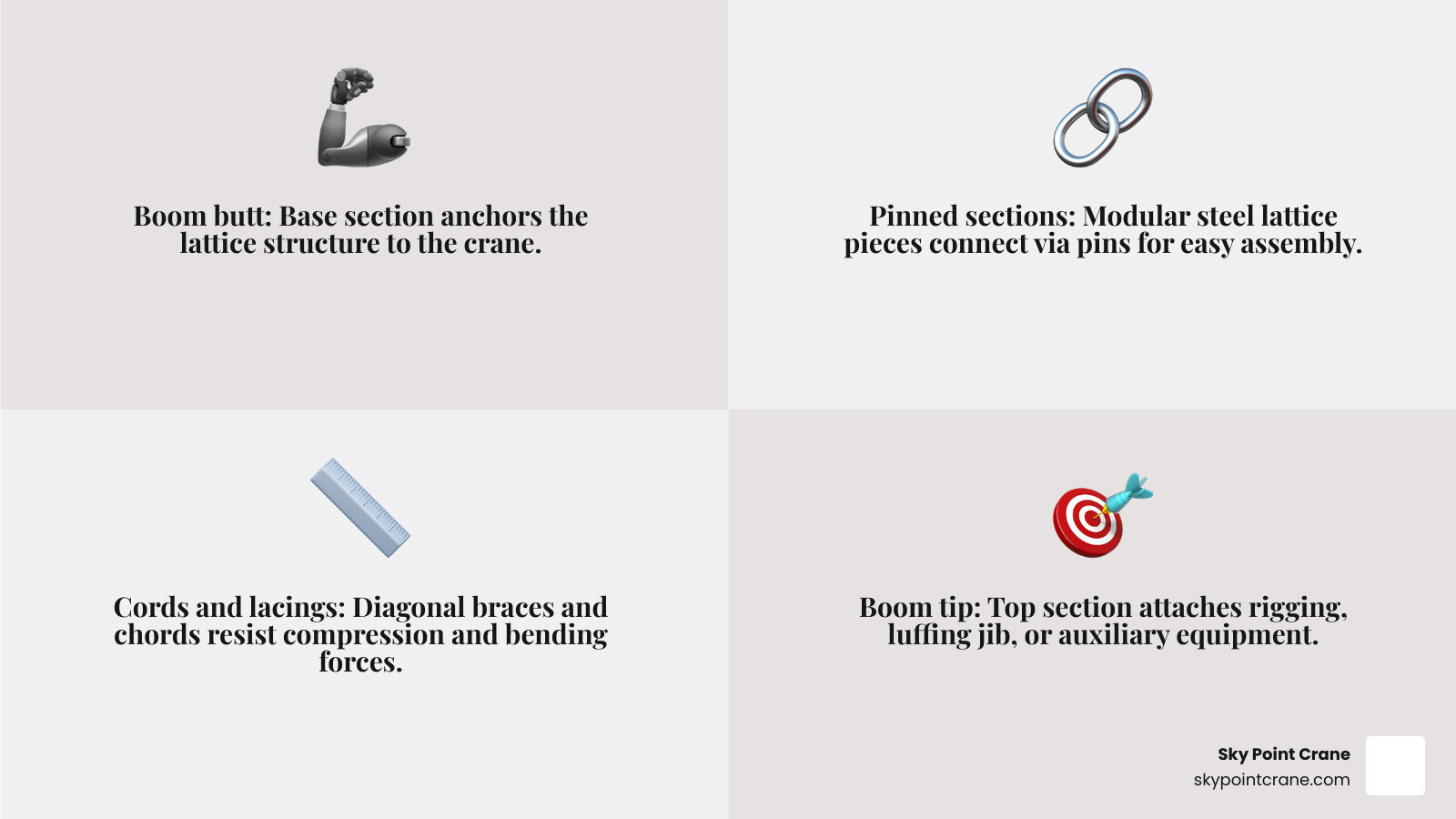 Infographic showing the structural components of a lattice boom crane including boom butt, pinned lattice sections, boom tip, cords and lacings, luffing jib, counterweight, crawler undercarriage, and slewing ring — with labeled callouts showing typical lifting capacity ranges from 73 to 2300+ tons and maximum tip heights up to 204 meters - lattice crane boom infographic 4_facts_emoji_grey Infographic showing the structural components of a lattice boom crane including boom butt, pinned lattice sections, boom tip, cords and lacings, luffing jib, counterweight, crawler undercarriage, and slewing ring — with labeled callouts showing typical lifting capacity ranges from 73 to 2300+ tons and maximum tip heights up to 204 meters - lattice crane boom infographic 4_facts_emoji_grey