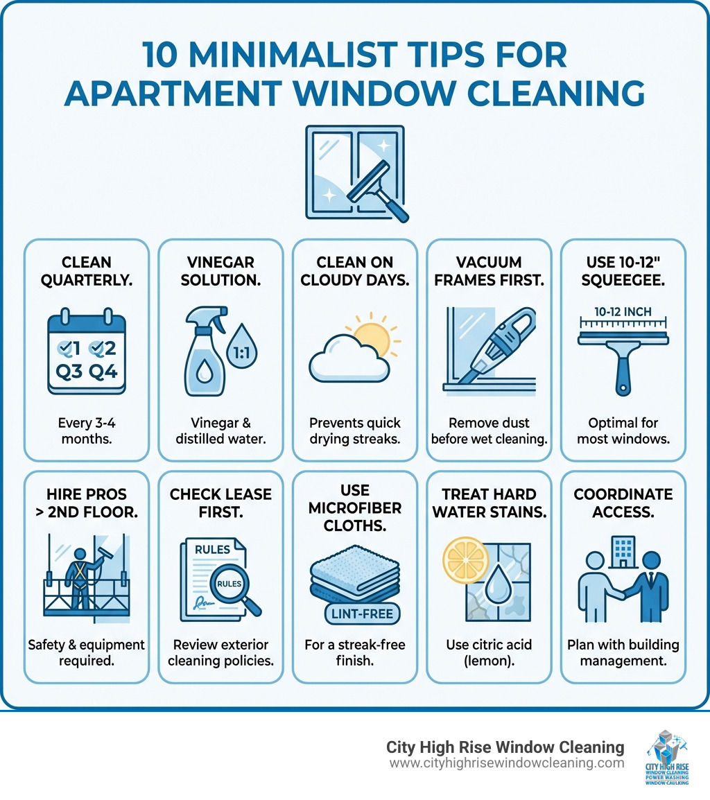Infographic showing 10 tips for apartment building window cleaning: clean quarterly, use vinegar solution, clean on cloudy days, vacuum frames first, use a 10-12 inch squeegee, hire pros for floors above 2nd, check lease before cleaning exterior, use microfiber cloths, treat hard water stains with citric acid, coordinate with building management for exterior access - apartment building window cleaning infographic Infographic showing 10 tips for apartment building window cleaning: clean quarterly, use vinegar solution, clean on cloudy days, vacuum frames first, use a 10-12 inch squeegee, hire pros for floors above 2nd, check lease before cleaning exterior, use microfiber cloths, treat hard water stains with citric acid, coordinate with building management for exterior access - apartment building window cleaning infographic