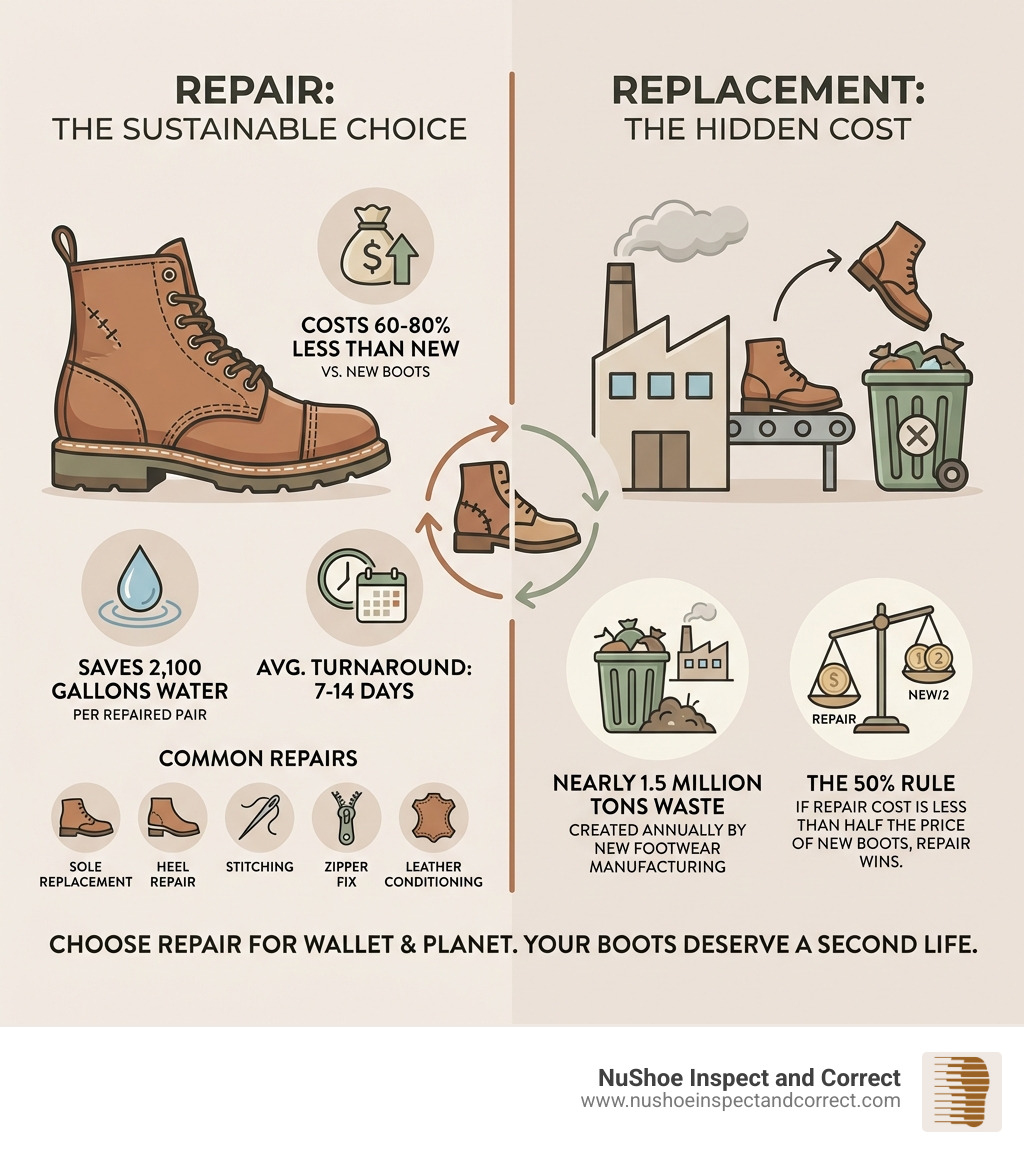 Infographic showing: Boot Repair vs. Replacement — key stats: repairs cost 60-80% less than new boots; each repaired pair saves 30 lbs of CO2 emissions and 2,100 gallons of water; nearly 1.5 million tons of waste created annually by new footwear manufacturing; the 50% rule — if repair costs less than half the price of new boots, repair wins; average repair turnaround is 7-14 days; common repairs include sole replacement, heel repair, stitching, zipper fix, and leather conditioning - boot shop repair infographic Infographic showing: Boot Repair vs. Replacement — key stats: repairs cost 60-80% less than new boots; each repaired pair saves 30 lbs of CO2 emissions and 2,100 gallons of water; nearly 1.5 million tons of waste created annually by new footwear manufacturing; the 50% rule — if repair costs less than half the price of new boots, repair wins; average repair turnaround is 7-14 days; common repairs include sole replacement, heel repair, stitching, zipper fix, and leather conditioning - boot shop repair infographic