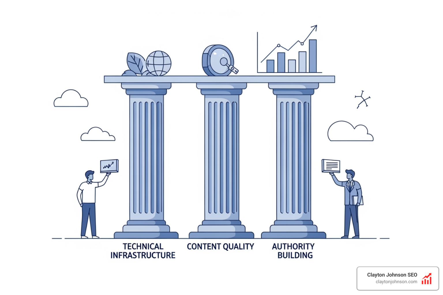 The three pillars of SEO: Technical Infrastructure, Content Quality, and Authority Building - Core SEO The three pillars of SEO: Technical Infrastructure, Content Quality, and Authority Building - Core SEO