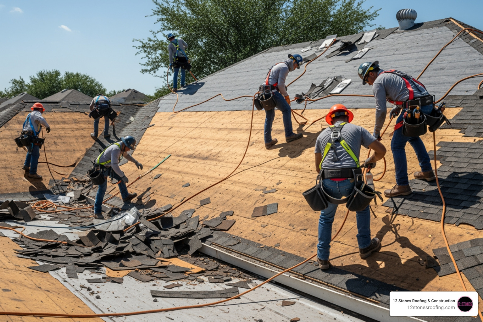 Roofing crew performing a tear-off on a Houston home - average roof replacement cost in houston texas