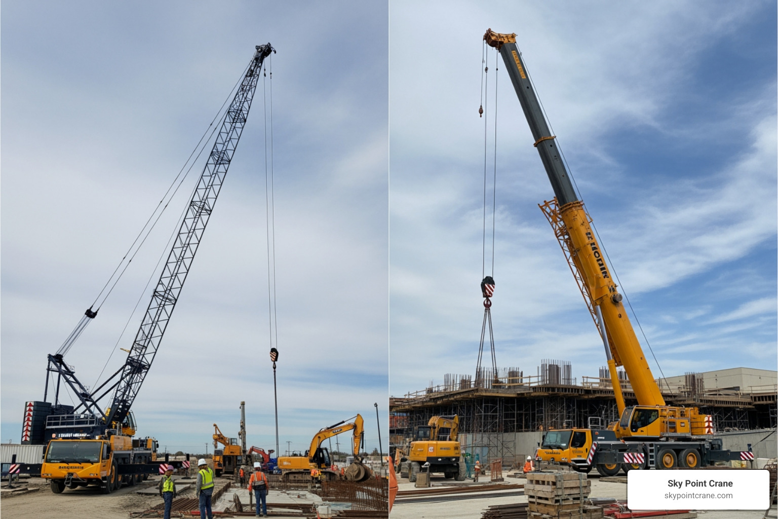 Comparison of a lattice boom and a telescopic boom side-by-side - lattice crane boom Comparison of a lattice boom and a telescopic boom side-by-side - lattice crane boom