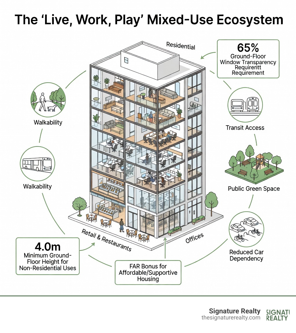 Infographic showing the "Live, Work, Play" mixed-use ecosystem: a vertical building diagram with ground-floor retail and restaurants, mid-level offices, upper-floor residential units, surrounded by icons for walkability, transit access, public green space, and reduced car dependency — with callout stats including 65% ground-floor window transparency requirement, 4.0m minimum ground-floor height for non-residential uses, and FAR bonus for affordable/supportive housing - zoning for mixed use infographic Infographic showing the "Live, Work, Play" mixed-use ecosystem: a vertical building diagram with ground-floor retail and restaurants, mid-level offices, upper-floor residential units, surrounded by icons for walkability, transit access, public green space, and reduced car dependency — with callout stats including 65% ground-floor window transparency requirement, 4.0m minimum ground-floor height for non-residential uses, and FAR bonus for affordable/supportive housing - zoning for mixed use infographic