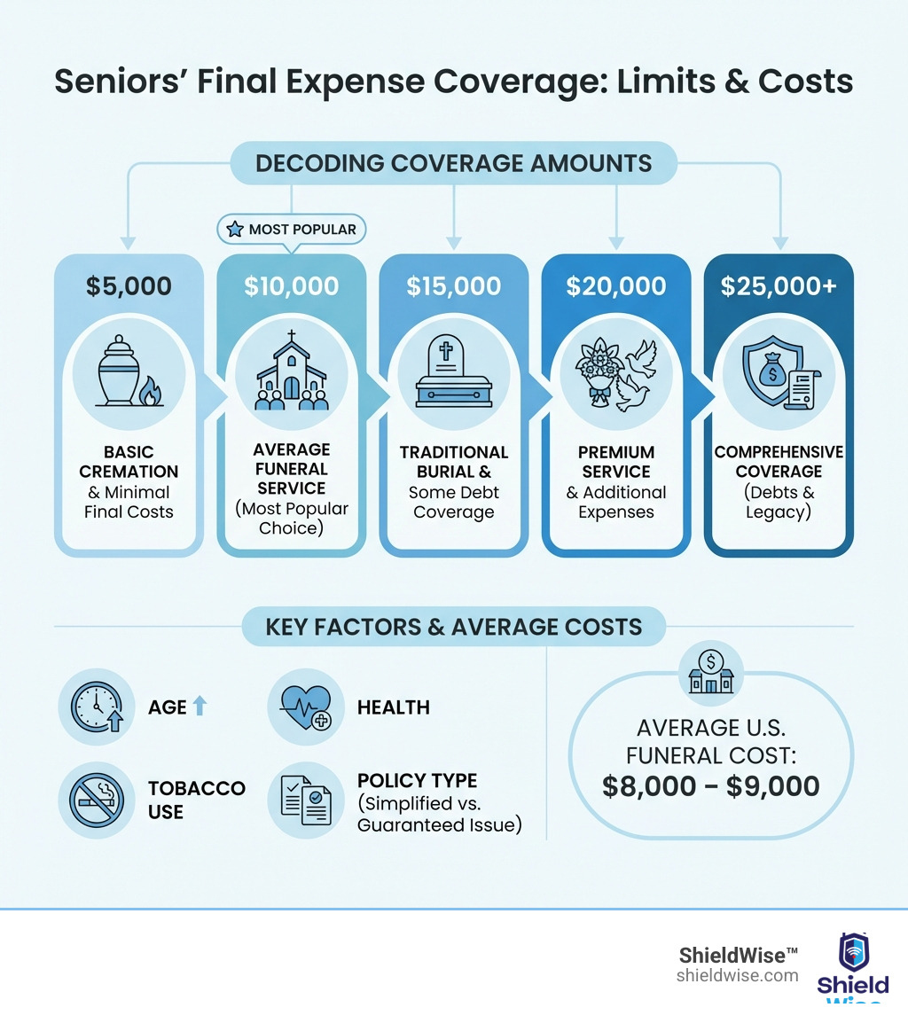 Infographic showing final expense coverage amounts for seniors: $5,000 for cremation, $10,000 for average funeral (most popular), $15,000 for traditional burial, $20,000 for premium service, $25,000+ for comprehensive coverage including debts; key factors shown are age, health, tobacco use, and policy type (simplified vs. guaranteed issue); average U.S. funeral cost noted as $8,000–$9,000 - final expense coverage amounts for seniors infographic Infographic showing final expense coverage amounts for seniors: $5,000 for cremation, $10,000 for average funeral (most popular), $15,000 for traditional burial, $20,000 for premium service, $25,000+ for comprehensive coverage including debts; key factors shown are age, health, tobacco use, and policy type (simplified vs. guaranteed issue); average U.S. funeral cost noted as $8,000–$9,000 - final expense coverage amounts for seniors infographic