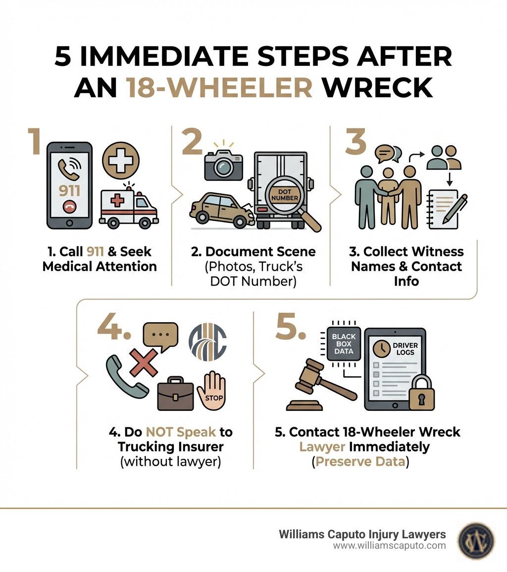 Infographic showing 5 immediate steps after an 18-wheeler wreck: 1) Call 911 and seek medical attention, 2) Document the scene with photos including the truck's DOT number, 3) Collect witness names and contact info, 4) Do not speak to the trucking company's insurer without a lawyer, 5) Contact an 18-wheeler wreck lawyer immediately to preserve black box data and driver logs before they disappear - 18 wheeler wreck lawyers infographic 
