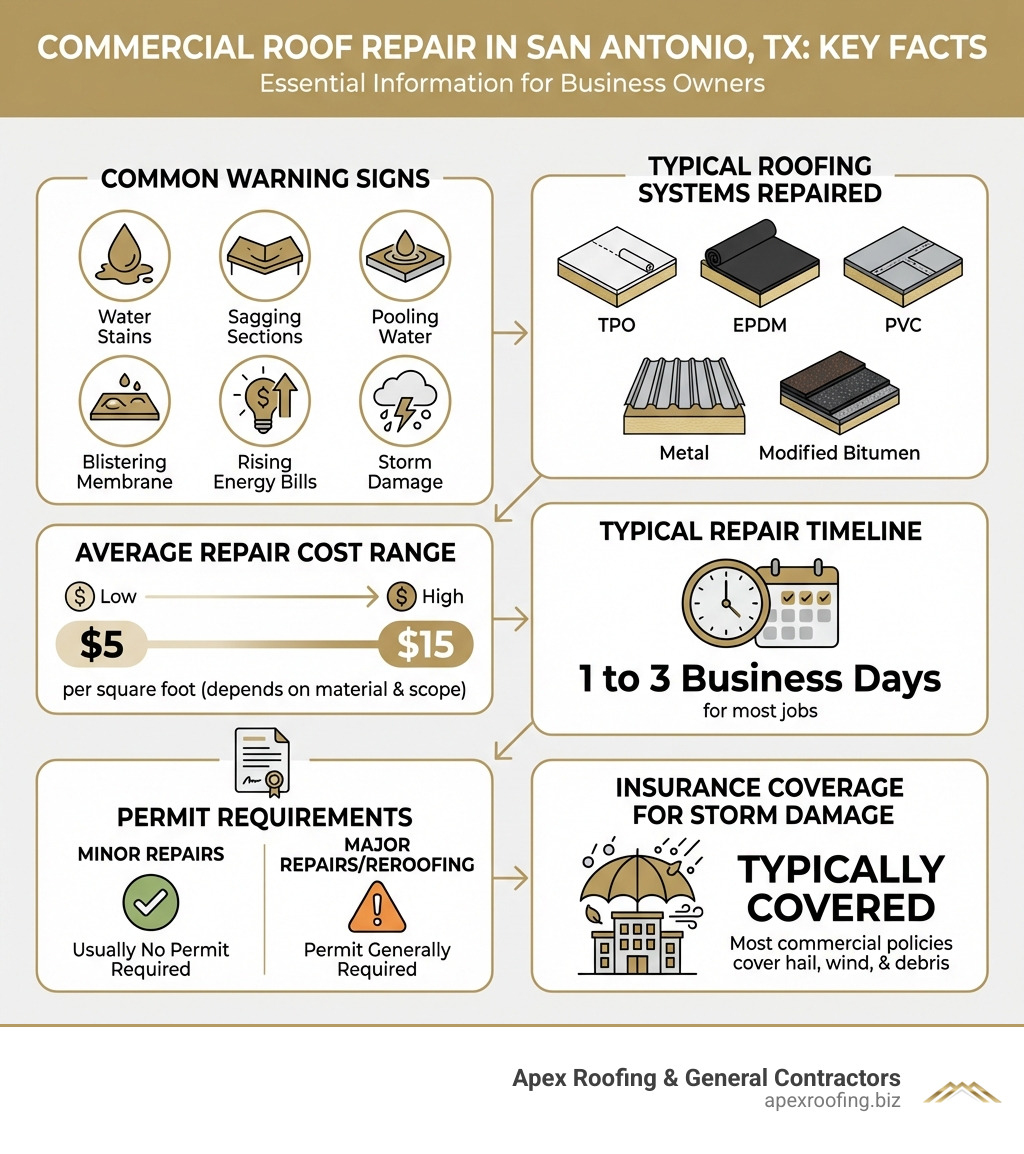 Infographic showing the key facts about commercial roof repair in San Antonio TX: common warning signs (water stains, sagging, pooling water, blistering, rising energy bills, storm damage), typical roofing systems repaired (TPO, EPDM, PVC, metal, modified bitumen), average repair cost range of $5 to $15 per square foot, typical repair timeline of 1 to 3 business days, permit requirements for minor vs major repairs, and insurance coverage for storm-related damage - commercial roof repair san antonio tx infographic 