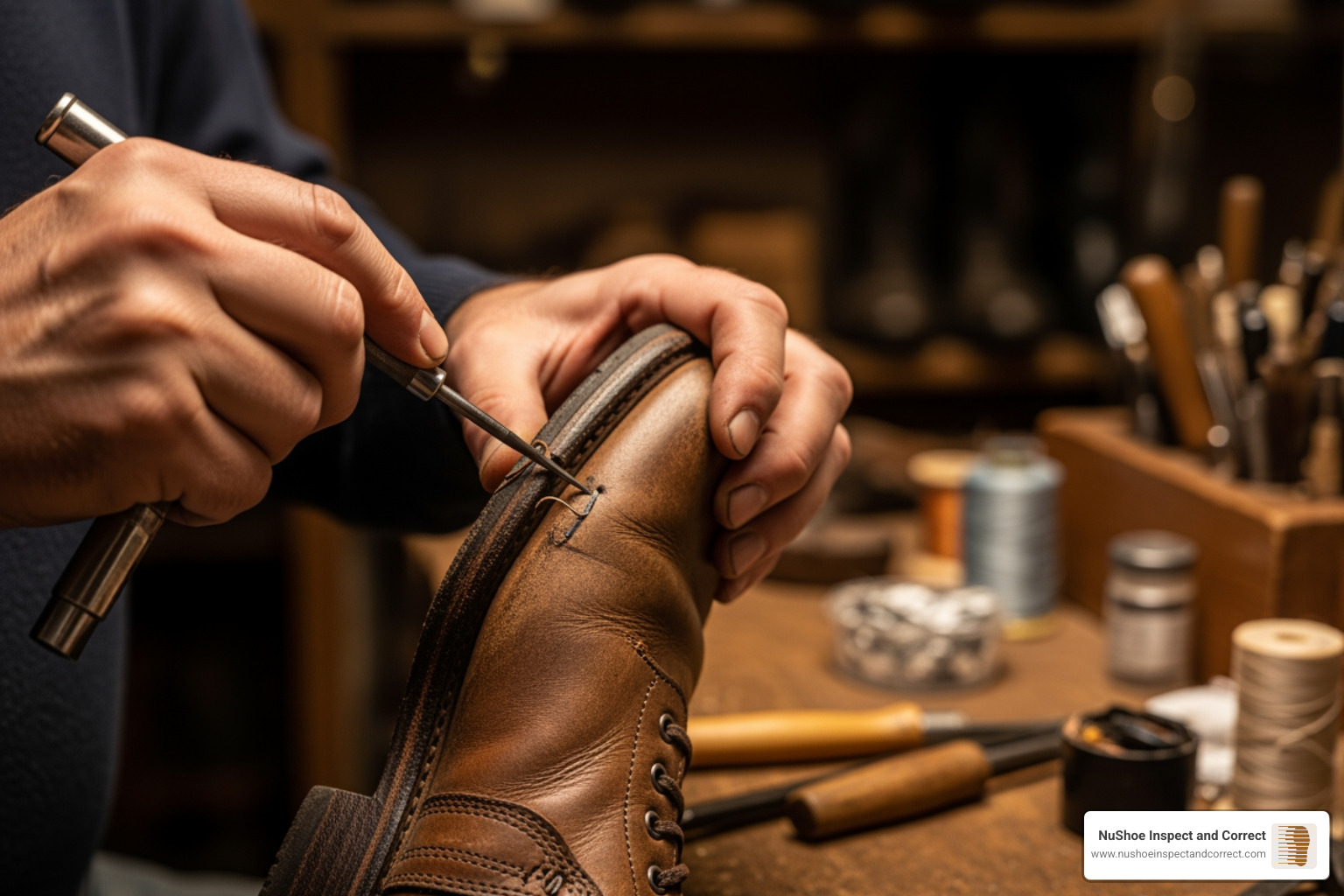 craftsman working on a leather boot - boot shop repair craftsman working on a leather boot - boot shop repair