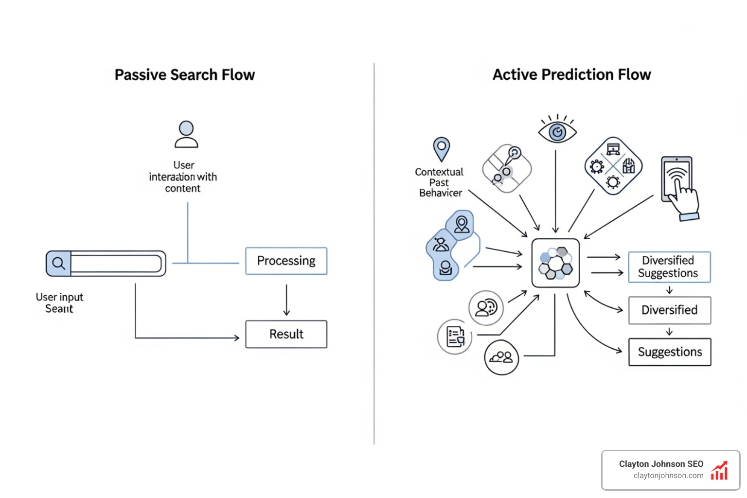 Data flow diagram showing active prediction vs passive search - predictive search intent algorithms Data flow diagram showing active prediction vs passive search - predictive search intent algorithms