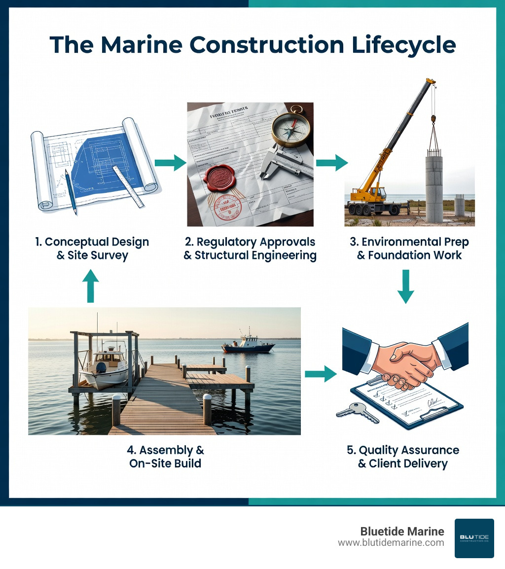 infographic explaining the marine construction lifecycle from design to installation - marine dock contractors infographic infographic explaining the marine construction lifecycle from design to installation - marine dock contractors infographic