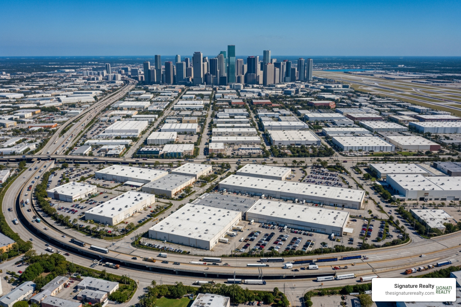Industrial skyline of Miami showing the proximity of warehouses to major transit hubs - warehouse miami Industrial skyline of Miami showing the proximity of warehouses to major transit hubs - warehouse miami