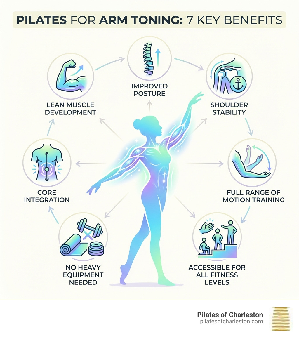 Infographic showing 7 benefits of Pilates for arm toning: lean muscle development, improved posture, shoulder stability, core integration, full range of motion training, no heavy equipment needed, and accessible for all fitness levels — with icons for each benefit and a simple female silhouette highlighting the upper body muscle groups engaged - pilates for arm toning infographic Infographic showing 7 benefits of Pilates for arm toning: lean muscle development, improved posture, shoulder stability, core integration, full range of motion training, no heavy equipment needed, and accessible for all fitness levels — with icons for each benefit and a simple female silhouette highlighting the upper body muscle groups engaged - pilates for arm toning infographic