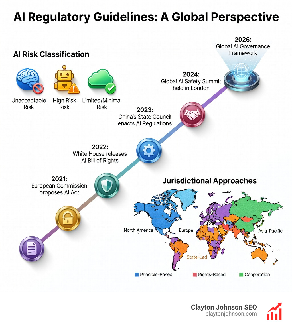 Infographic detailing the global evolution of AI regulatory efforts, showing key milestones, risk classifications, and jurisdictional approaches. - What are AI regulatory guidelines infographic Infographic detailing the global evolution of AI regulatory efforts, showing key milestones, risk classifications, and jurisdictional approaches. - What are AI regulatory guidelines infographic