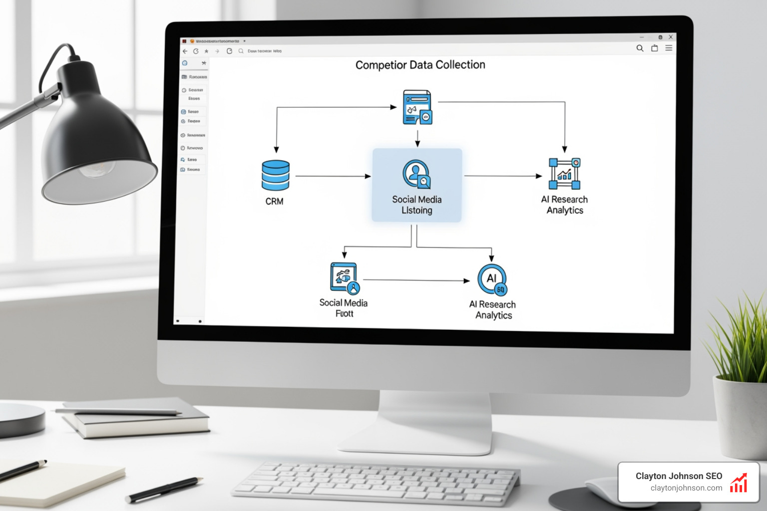 A diagram of a competitor data collection workflow featuring CRM data, social listening, and AI-augmented research - analysis competitive positioning frameworks