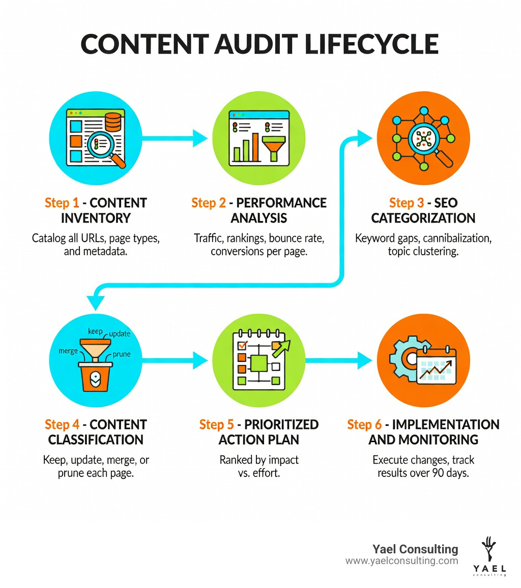 Infographic showing the content audit lifecycle: Step 1 - Content Inventory (catalog all URLs, page types, and metadata); Step 2 - Performance Analysis (traffic, rankings, bounce rate, conversions per page); Step 3 - SEO Categorization (keyword gaps, cannibalization, topic clustering); Step 4 - Content Classification (keep, update, merge, or prune each page); Step 5 - Prioritized Action Plan (ranked by impact vs. effort); Step 6 - Implementation and Monitoring (execute changes, track results over 90 days) - content audit agency infographic Infographic showing the content audit lifecycle: Step 1 - Content Inventory (catalog all URLs, page types, and metadata); Step 2 - Performance Analysis (traffic, rankings, bounce rate, conversions per page); Step 3 - SEO Categorization (keyword gaps, cannibalization, topic clustering); Step 4 - Content Classification (keep, update, merge, or prune each page); Step 5 - Prioritized Action Plan (ranked by impact vs. effort); Step 6 - Implementation and Monitoring (execute changes, track results over 90 days) - content audit agency infographic