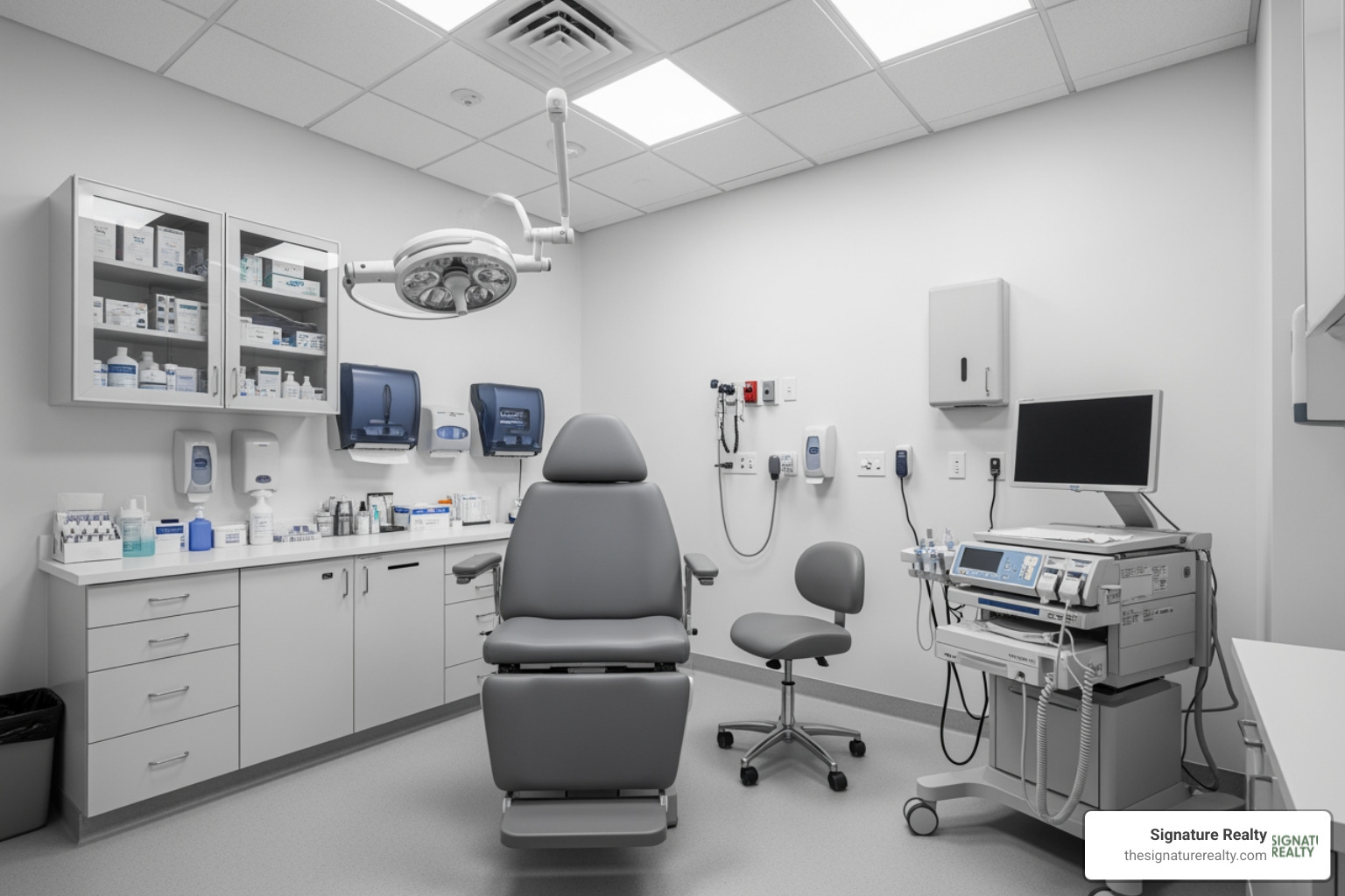 fully equipped exam room at Lina Aventura showing modern medical chair and sterile cabinetry - shared medical office space miami fully equipped exam room at Lina Aventura showing modern medical chair and sterile cabinetry - shared medical office space miami