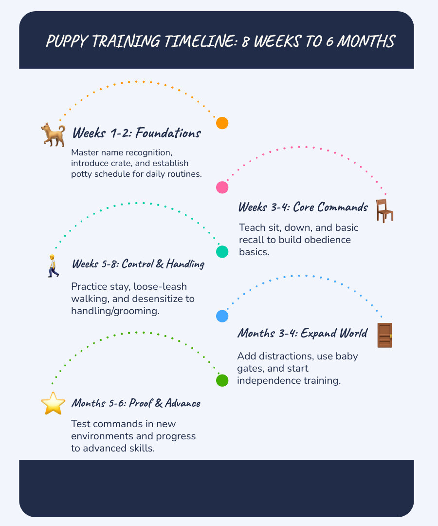 Infographic showing a puppy training timeline from 8 weeks to 6 months, with milestones including: week 1-2 - name recognition, crate introduction, and potty schedule; week 3-4 - sit, down, and basic recall; week 5-8 - stay, loose-leash walking, and handling/grooming desensitization; month 3-4 - adding distractions, expanding world with gates, and independence training; month 5-6 - proofing commands in new environments and progressing to advanced skills. Color-coded by difficulty level with icons for each command. - Puppy training basics infographic infographic-line-5-steps-blues-accent_colors Infographic showing a puppy training timeline from 8 weeks to 6 months, with milestones including: week 1-2 - name recognition, crate introduction, and potty schedule; week 3-4 - sit, down, and basic recall; week 5-8 - stay, loose-leash walking, and handling/grooming desensitization; month 3-4 - adding distractions, expanding world with gates, and independence training; month 5-6 - proofing commands in new environments and progressing to advanced skills. Color-coded by difficulty level with icons for each command. - Puppy training basics infographic infographic-line-5-steps-blues-accent_colors