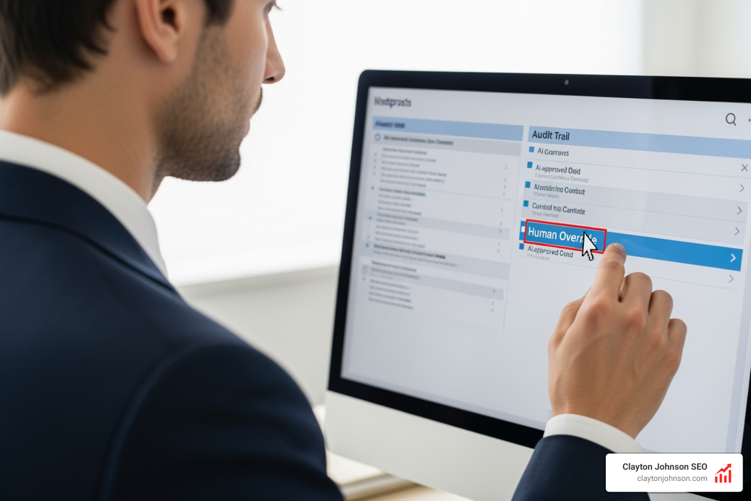 A legal professional reviewing a digital audit trail of AI-approved contracts, highlighting the 'Human Override' section to demonstrate compliance with transparency regulations — clean corporate aesthetic, white background - human in the loop