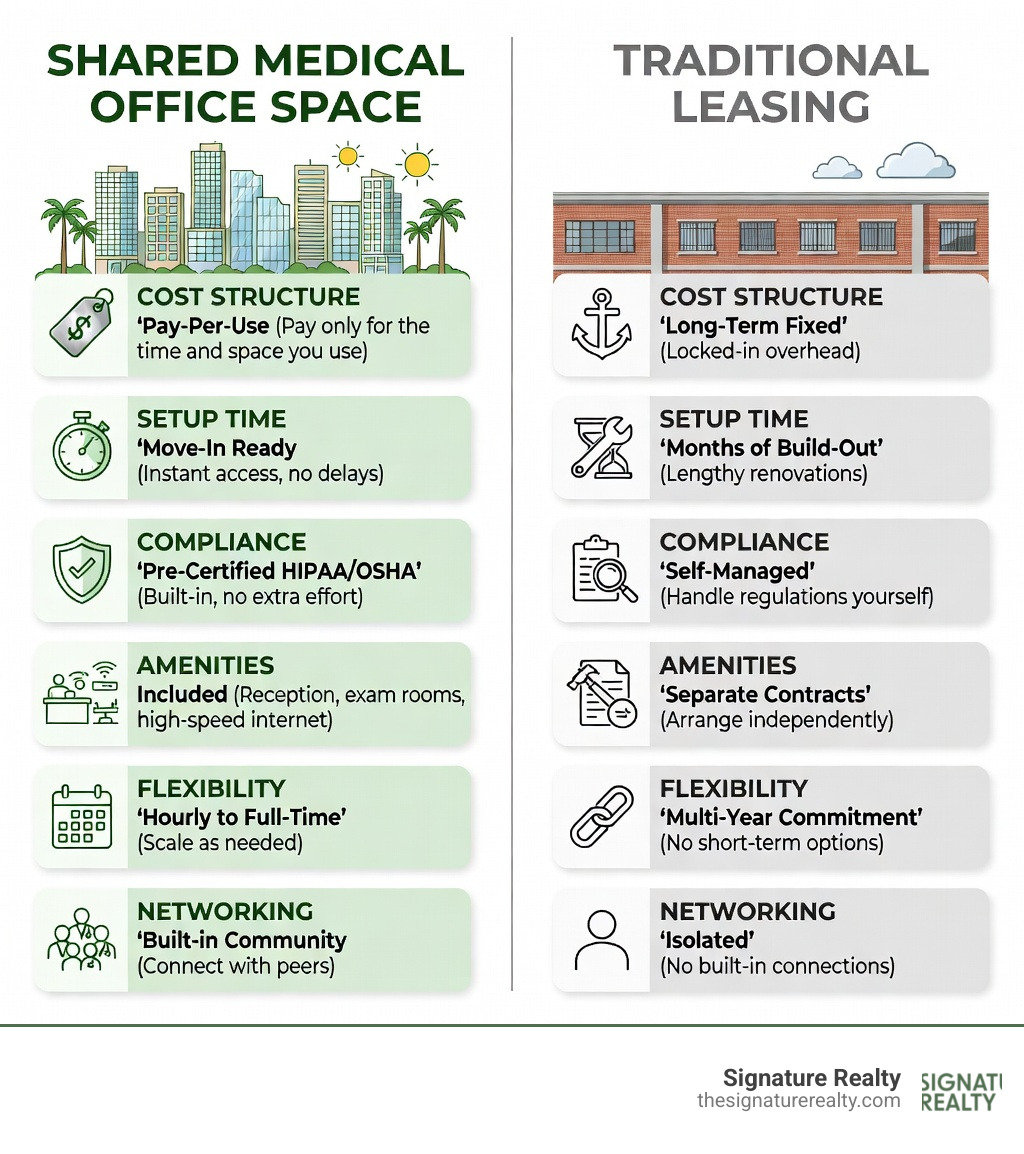 Infographic comparing shared medical office space vs traditional leasing in Miami: side-by-side columns showing cost structure (pay-per-use vs. long-term fixed), setup time (move-in ready vs. months of build-out), compliance (pre-certified HIPAA/OSHA vs. self-managed), amenities (included reception, exam rooms, Wi-Fi vs. separate contracts), flexibility (hourly to full-time vs. multi-year commitment), and networking (built-in practitioner community vs. isolated), with icons for each category - shared medical office space miami infographic Infographic comparing shared medical office space vs traditional leasing in Miami: side-by-side columns showing cost structure (pay-per-use vs. long-term fixed), setup time (move-in ready vs. months of build-out), compliance (pre-certified HIPAA/OSHA vs. self-managed), amenities (included reception, exam rooms, Wi-Fi vs. separate contracts), flexibility (hourly to full-time vs. multi-year commitment), and networking (built-in practitioner community vs. isolated), with icons for each category - shared medical office space miami infographic