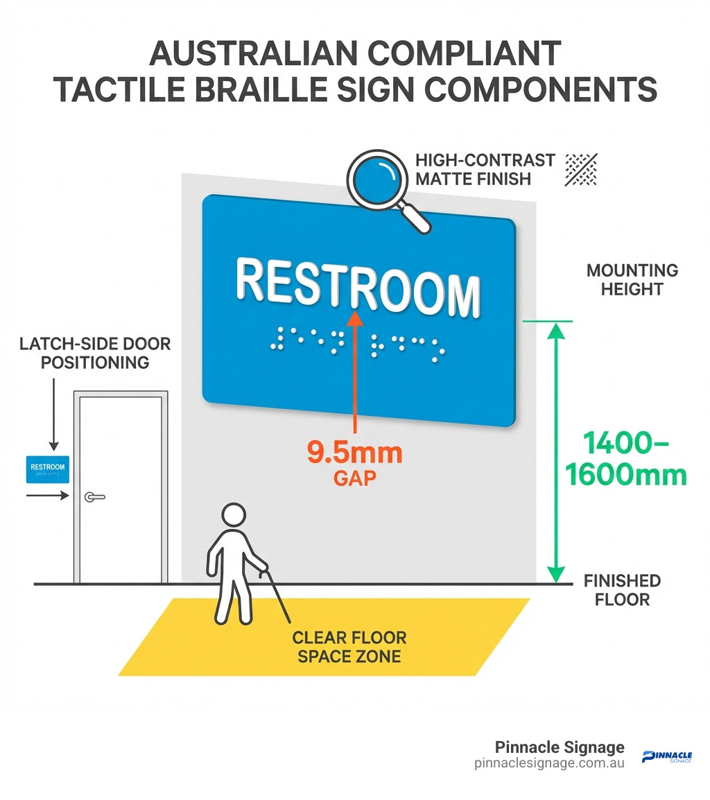 Educational infographic showing the components of ADA compliant braille signs, including mounting height and matte finish.