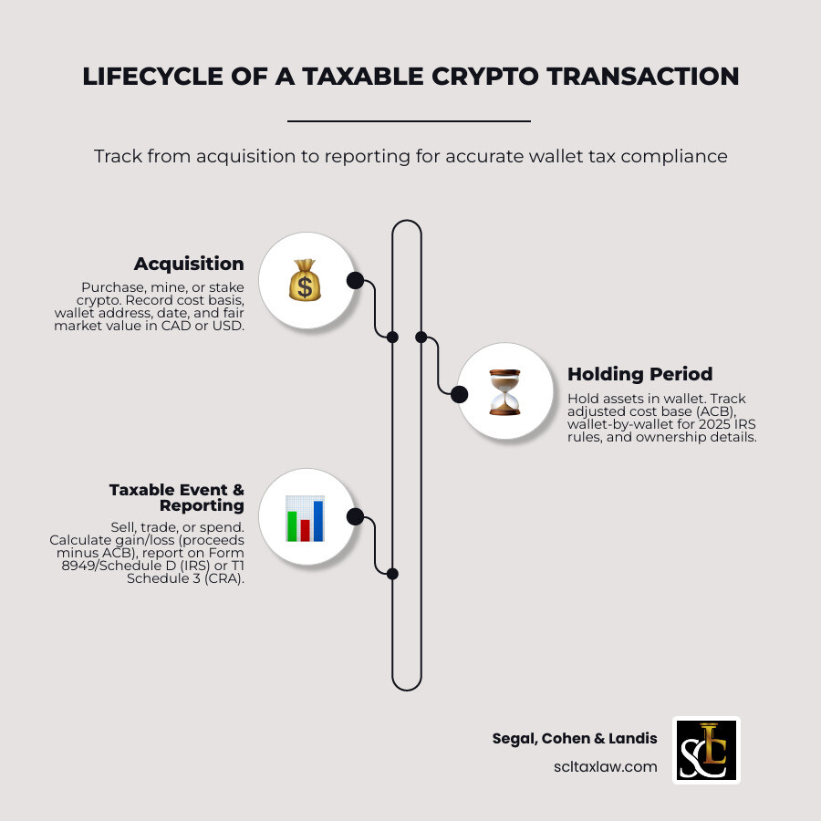 Infographic showing the lifecycle of a taxable crypto transaction: acquisition (purchase/mining/staking) → holding period tracking (cost basis, wallet address, date) → taxable event (sale/trade/spend) → gain or loss calculation (proceeds minus adjusted cost basis) → reporting (Form 8949 and Schedule D for IRS; T1 Schedule 3 for CRA) → payment or loss carryforward - crypto wallet tax reporting infographic infographic-line-3-steps-elegant_beige