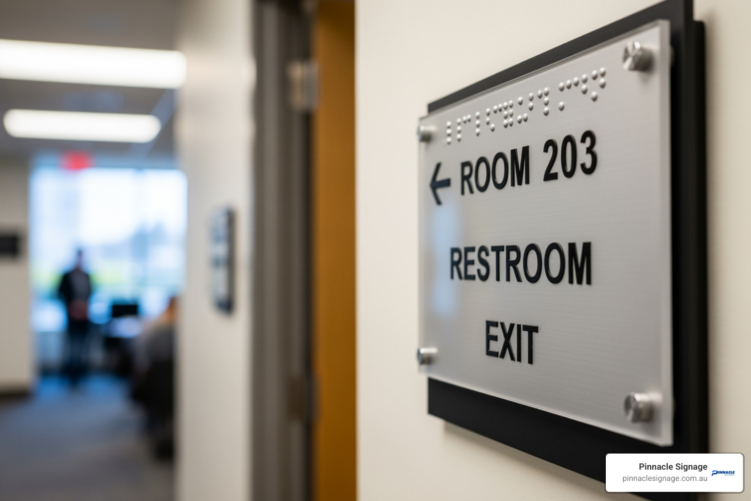 A multi-room directional plaque featuring tactile text and braille, following standards for ADA compliant braille signs.