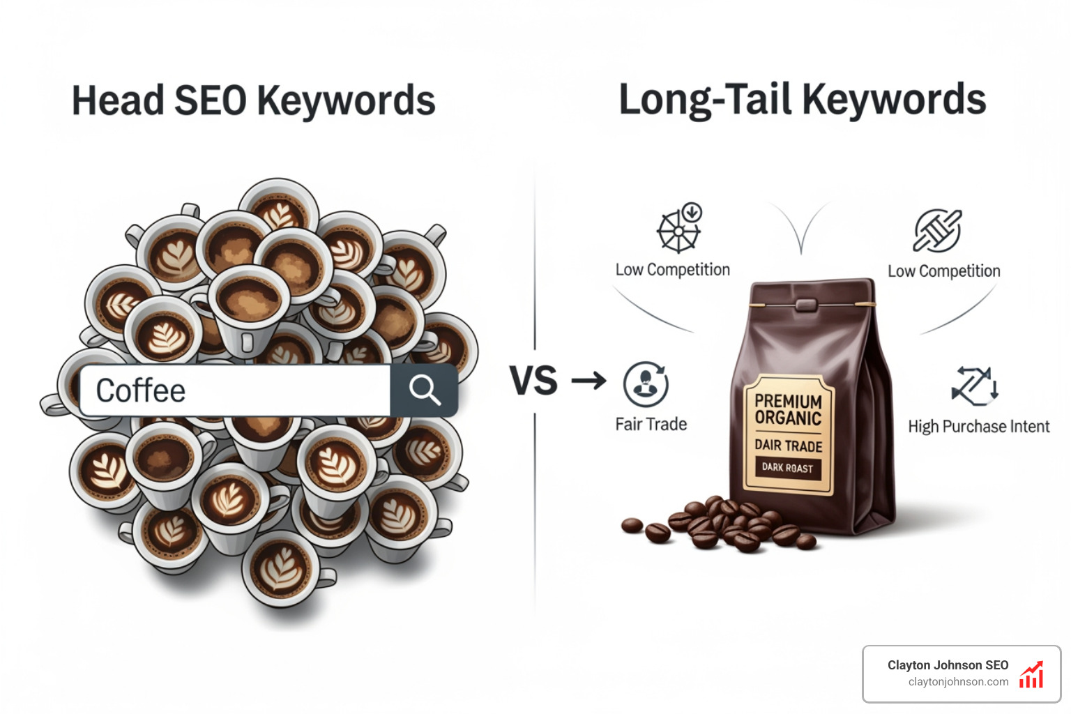 Comparison of head terms vs long tail keywords: 'Coffee' (Head) vs 'Organic fair trade dark roast coffee beans' (Long Tail). Shows high competition and vague intent for head terms vs low competition and high purchase intent for long tail - long tail SEO keywords