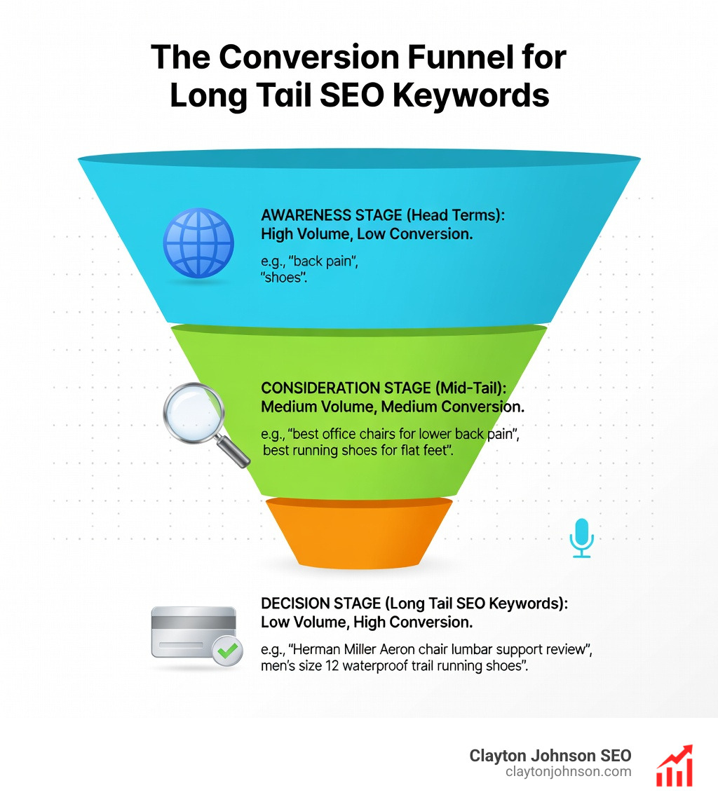 The conversion funnel: Top shows broad awareness keywords with high volume/low conversion; Middle shows consideration keywords; Bottom shows long tail 'decision' keywords with low volume/high conversion - long tail SEO keywords infographic 