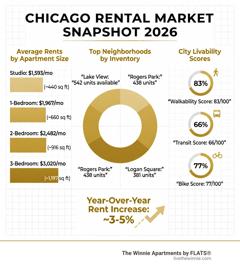Infographic showing Chicago rental market overview: average rents by apartment size (studio $1,593, 1BR $1,967, 2BR $2,482, 3BR $3,020), top neighborhoods by inventory (Lake View 542 units, Rogers Park 438, Logan Square 381), city walkability score 83/100, transit score 66/100, bike score 77/100, and year-over-year rent increase of approximately 3-5% - Apartments for rent Chicago infographic 