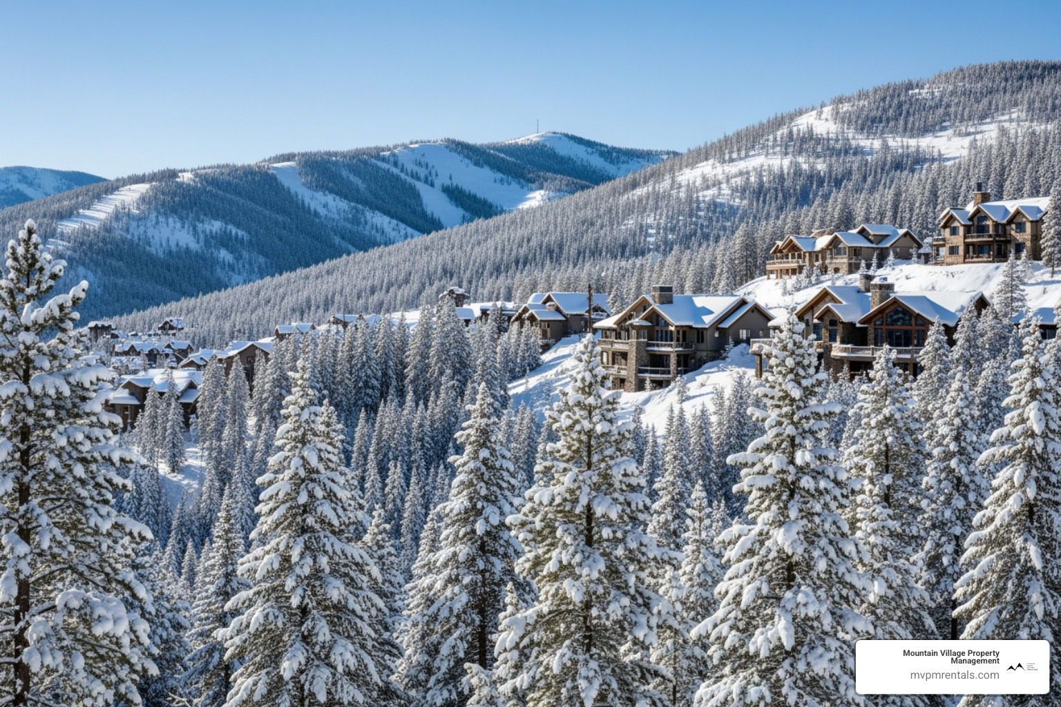 Moonlight Basin landscape in winter with snow-covered pines and luxury homes nestled against the mountain - big sky luxury home rentals
