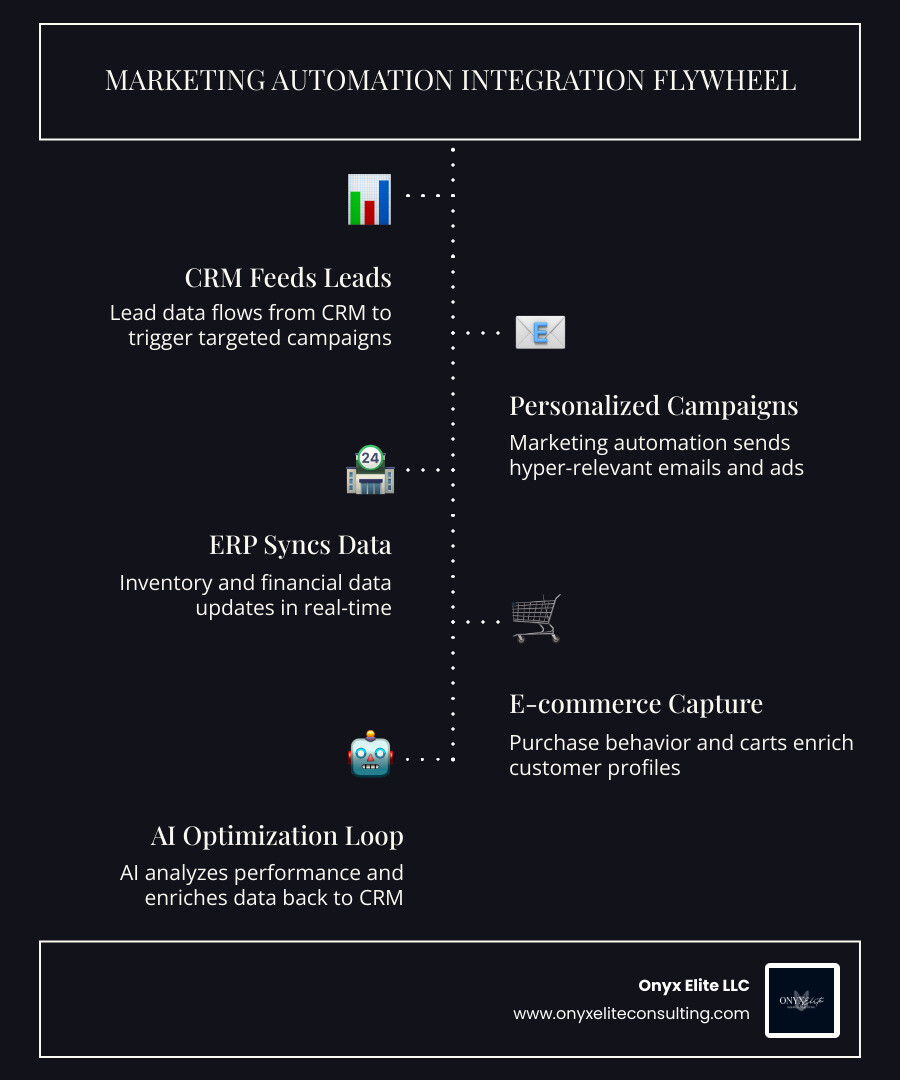 Infographic showing the marketing automation integration flywheel: CRM feeds lead data → Marketing automation triggers personalized campaigns → ERP syncs inventory and financial data → E-commerce and payment tools capture purchase behavior → Social media and ads capture new leads → Customer service tools update unified profiles → Analytics dashboards measure performance → AI agents optimize and personalize in real time → loop back to CRM with enriched data, with key benefits listed at each stage: single customer view, real-time sync, reduced manual work, improved lead scoring, and revenue growth - marketing automation integration infographic infographic-line-5-steps-dark
