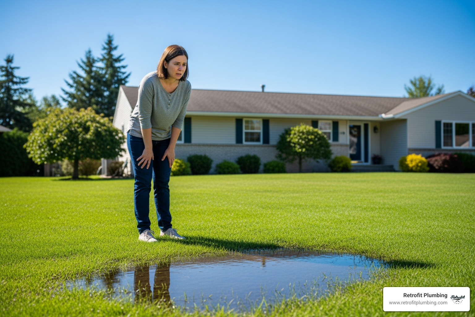 A homeowner looking at a large, unexplained puddle of water on their front lawn during a sunny day, representing a main water line leak - main water replacement