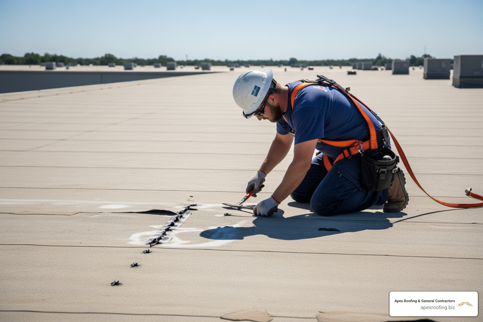 Technician inspecting a commercial roof membrane for tears and punctures - commercial roof repair san antonio tx