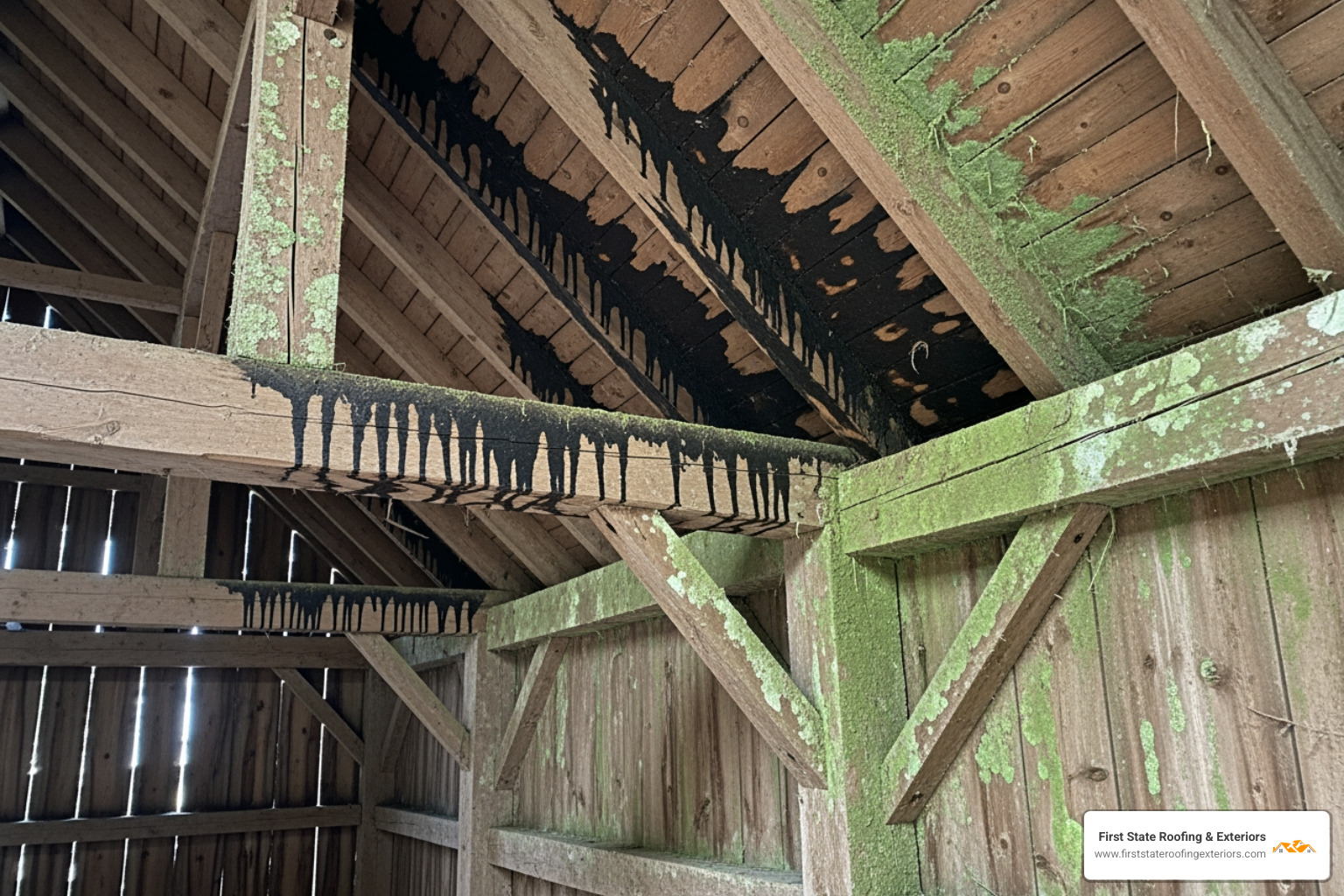 Signs of water damage inside a barn showing stained rafters and mold growth - barn roof repair near me
