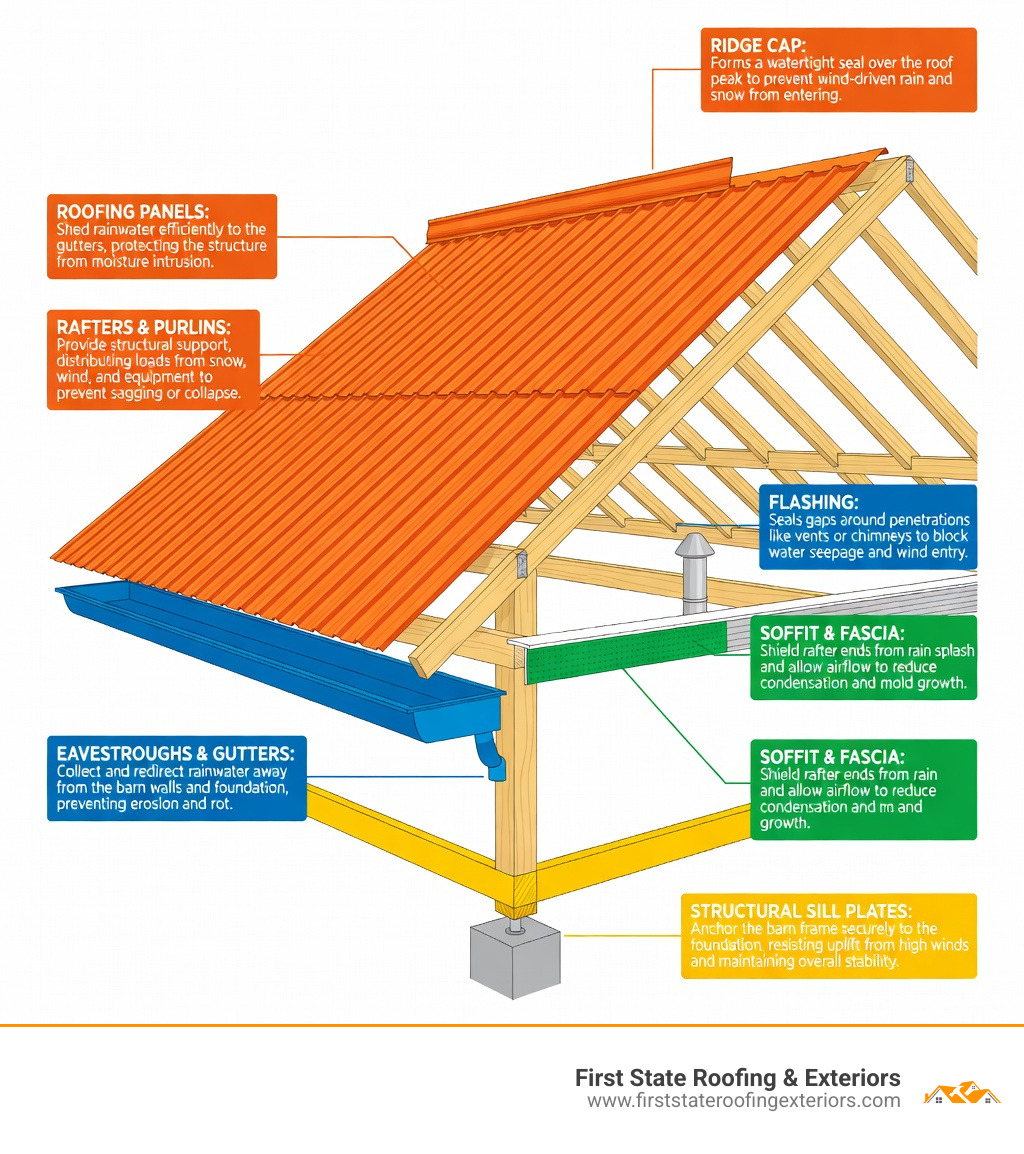 Infographic showing the key components of a barn roof system including ridge cap, roofing panels (metal or asphalt), rafters and purlins, eavestroughs and gutters, soffit and fascia, flashing around penetrations, and structural sill plates — with color-coded callouts explaining the role of each component in protecting the barn from water damage and structural failure - barn roof repair near me infographic 