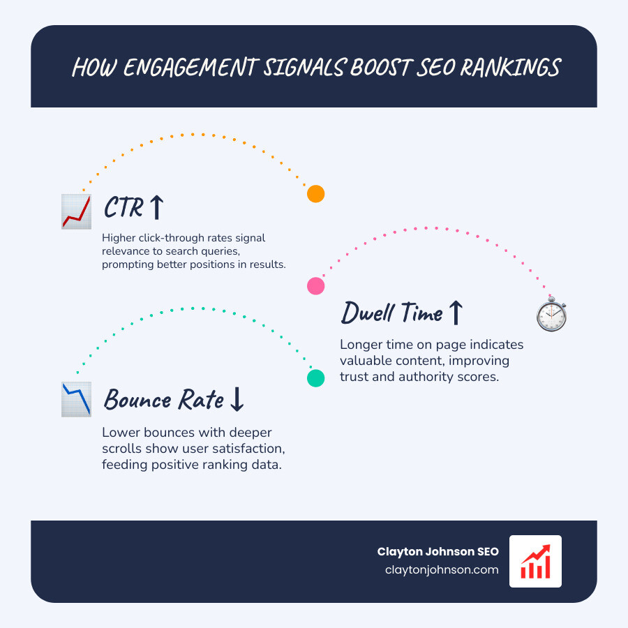 Infographic showing the relationship between user engagement signals (CTR, dwell time, bounce rate, scroll depth, session duration) and search engine ranking improvements, with arrows showing how behavioral data feeds into Google's ranking algorithm, displayed as a vertical flow diagram with clean icons for each signal type, white background enterprise corporate style - seo traffic generator infographic infographic-line-3-steps-blues-accent_colors Infographic showing the relationship between user engagement signals (CTR, dwell time, bounce rate, scroll depth, session duration) and search engine ranking improvements, with arrows showing how behavioral data feeds into Google's ranking algorithm, displayed as a vertical flow diagram with clean icons for each signal type, white background enterprise corporate style - seo traffic generator infographic infographic-line-3-steps-blues-accent_colors