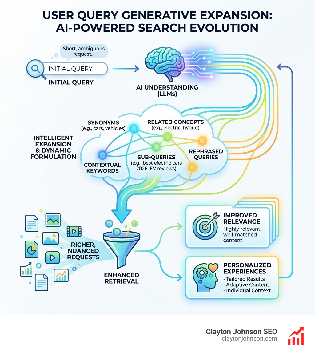 Infographic explaining how generative query broadening techniques use AI to expand user queries, moving from initial query to enriched search terms, sub-queries, and relevant content retrieval, highlighting improved relevance and personalization - user query generative expansion infographic Infographic explaining how generative query broadening techniques use AI to expand user queries, moving from initial query to enriched search terms, sub-queries, and relevant content retrieval, highlighting improved relevance and personalization - user query generative expansion infographic