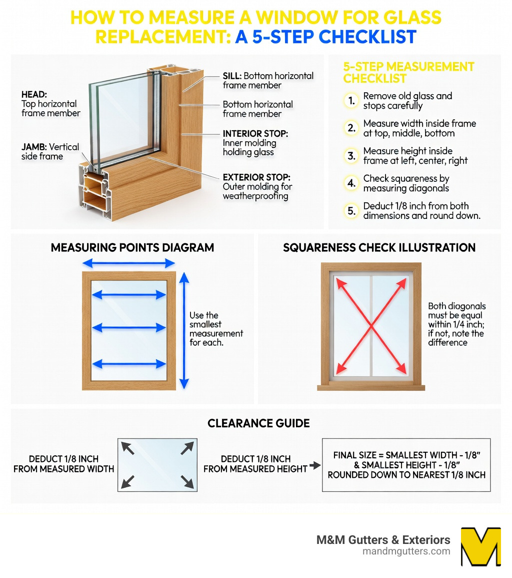 Infographic showing window anatomy with labeled parts (head, jambs, sill, interior stop, exterior stop), a 5-step measurement checklist for glass replacement, a diagram of three measurement points for width and height, a diagonal squareness check illustration, and a clearance guide showing 1/8 inch deduction from width and height - how to measure a window for glass replacement infographic 