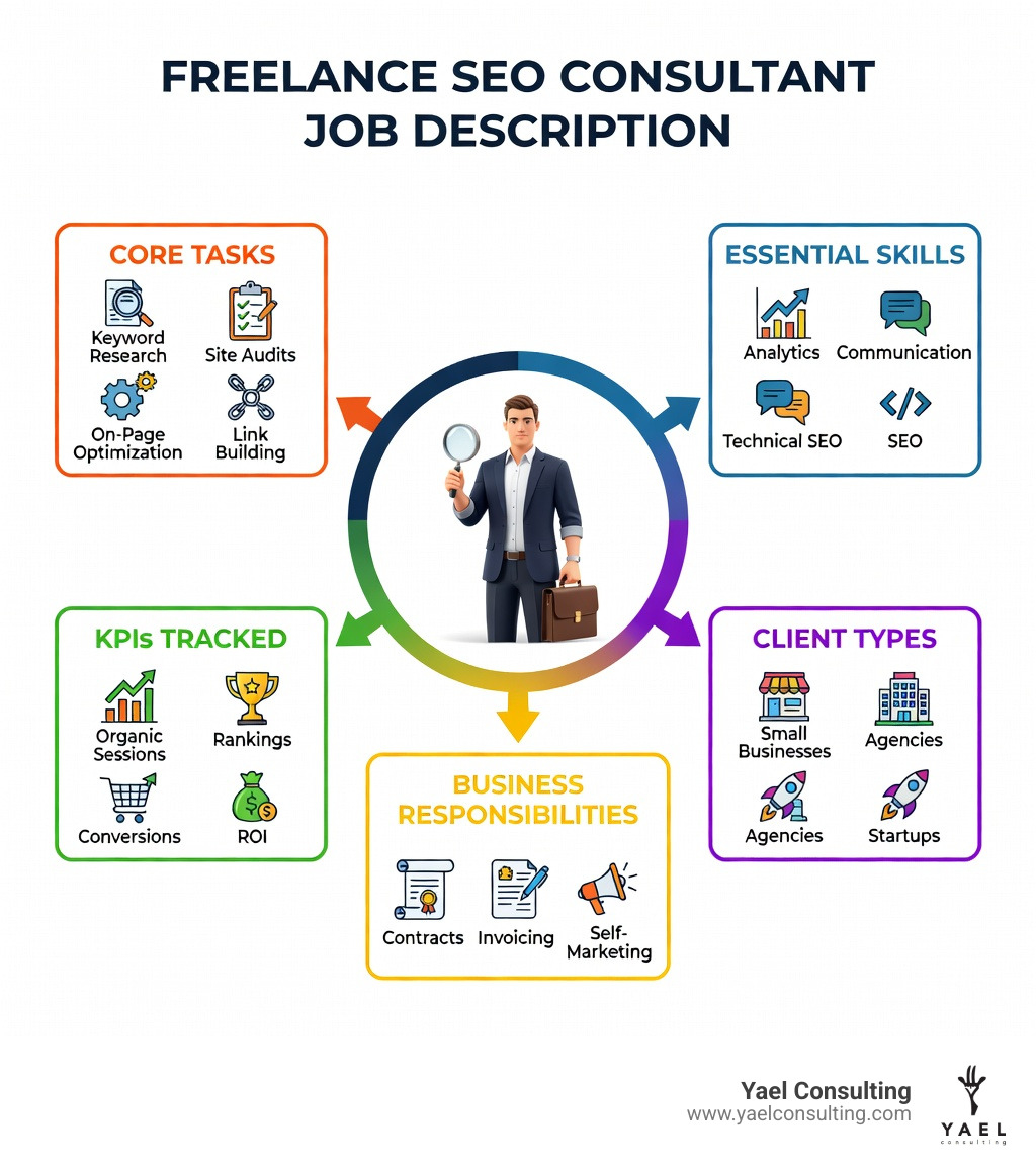 Infographic showing the key components of a freelance SEO consultant job description: core tasks (keyword research, audits, on-page optimization, link building), essential skills (analytics, communication, technical SEO), KPIs tracked (organic sessions, rankings, conversions, ROI), client types (small businesses, agencies, startups), and business responsibilities (contracts, invoicing, self-marketing), arranged in a clear visual breakdown - freelance seo consultant job description infographic Infographic showing the key components of a freelance SEO consultant job description: core tasks (keyword research, audits, on-page optimization, link building), essential skills (analytics, communication, technical SEO), KPIs tracked (organic sessions, rankings, conversions, ROI), client types (small businesses, agencies, startups), and business responsibilities (contracts, invoicing, self-marketing), arranged in a clear visual breakdown - freelance seo consultant job description infographic