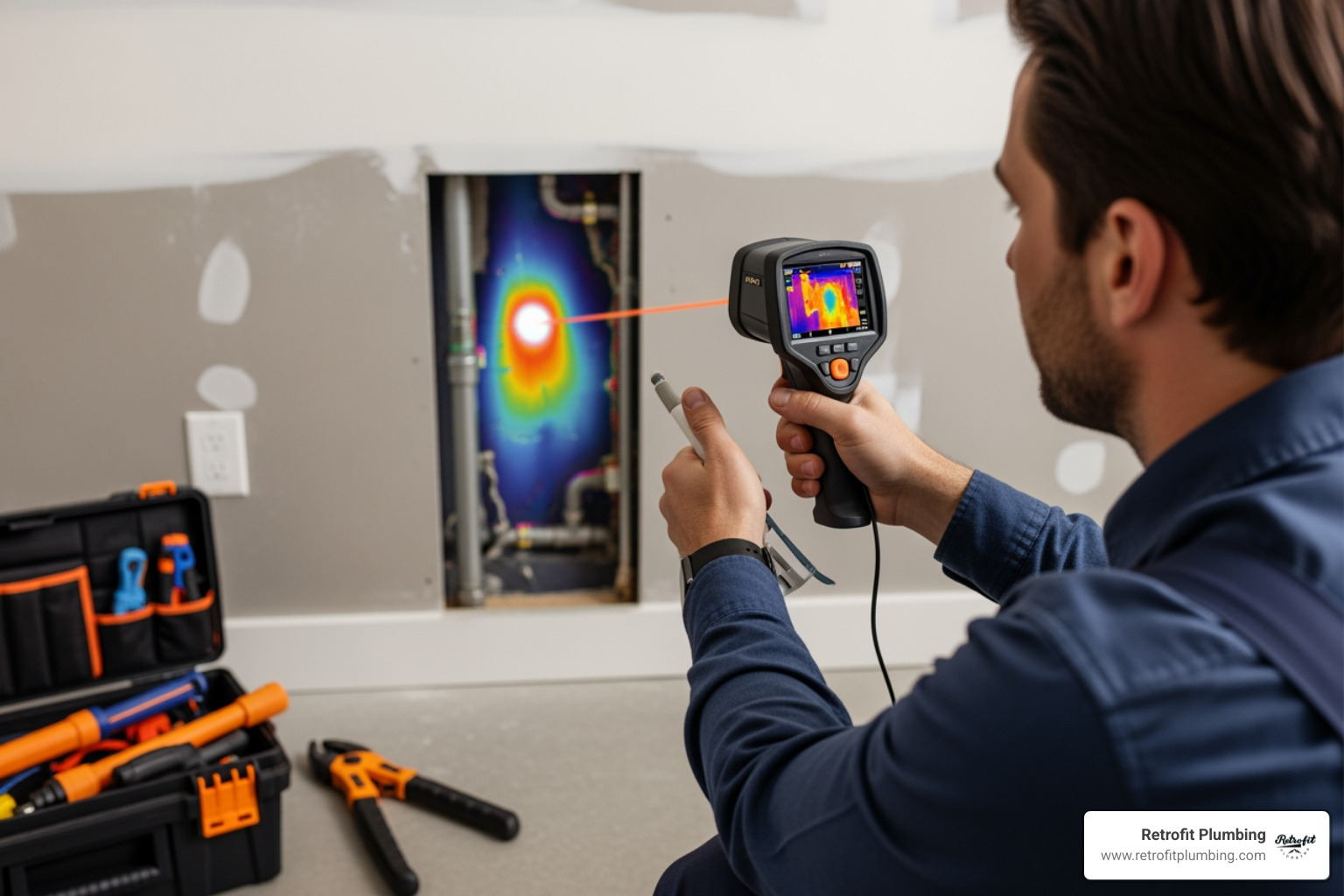 Infrared thermal imaging camera being used to detect heat signatures of leaking hot water pipes behind a wall - leak finder plumber