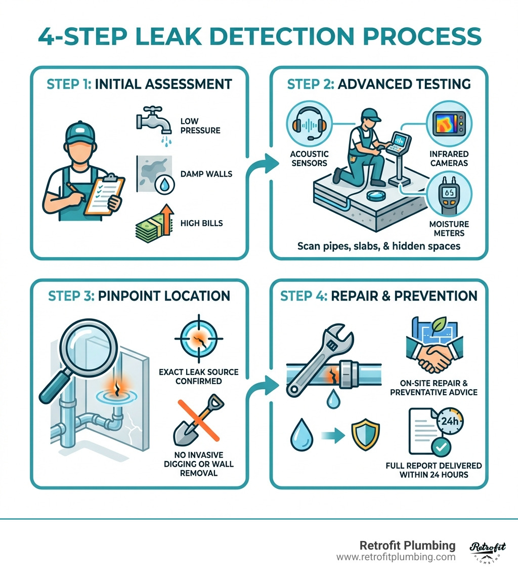 Infographic showing the 4-step leak detection process: Step 1 - Initial Assessment (plumber reviews symptoms like low pressure, damp walls, high water bills); Step 2 - Advanced Testing (acoustic sensors, infrared cameras, and moisture meters scan pipes, slabs, and hidden spaces); Step 3 - Pinpoint Location (exact leak source confirmed without invasive digging or wall removal); Step 4 - Repair and Prevention (on-site repair completed, preventative advice provided, full report delivered within 24 hours) - leak finder plumber infographic 