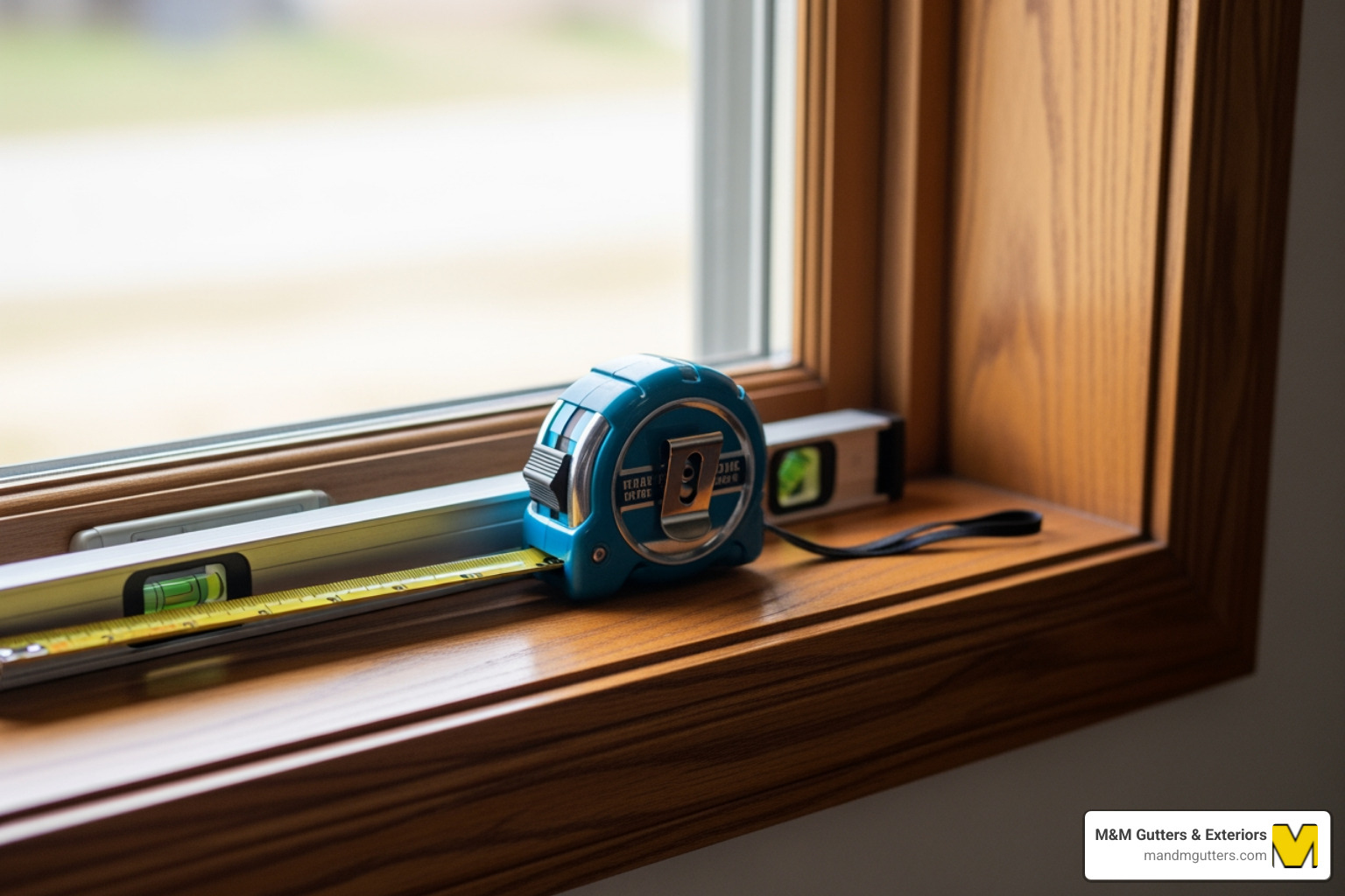 Tape measure and spirit level sitting on a wooden window sill - how to measure a window for glass replacement