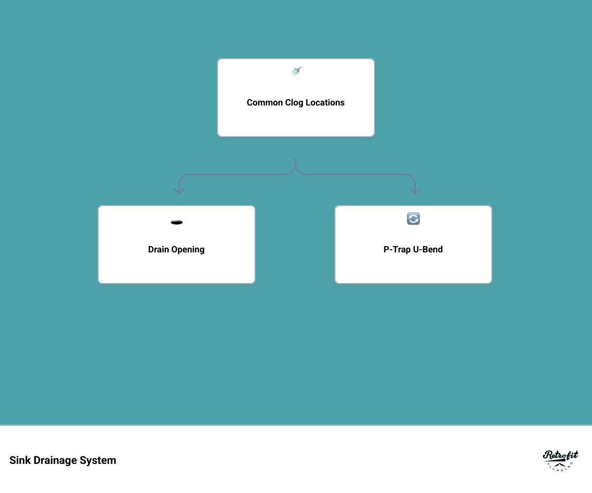 Infographic showing the anatomy of a sink drainage system including the drain opening, sink stopper, P-trap U-bend, trap arm, and wall drain connection, with labels indicating where clogs most commonly occur at each stage, and icons showing common clog culprits like hair, grease, food particles, and soap scum - clogged sink repair infographic hierarchy