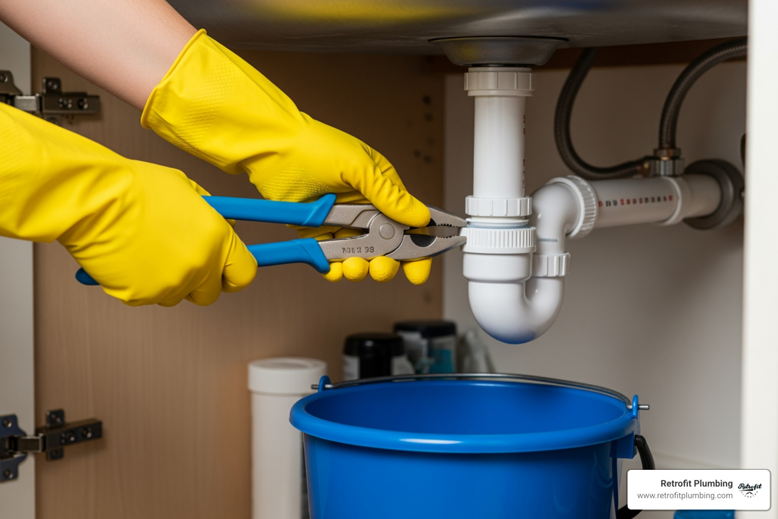 A person wearing rubber gloves and using a channel-lock plier to loosen the slip nuts on a white PVC P-trap under a kitchen sink, with a blue plastic bucket positioned directly underneath to catch any drainage - clogged sink repair