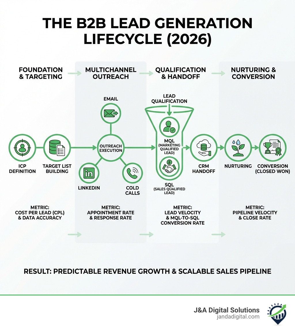 Infographic showing the B2B lead generation lifecycle: from ICP definition and target list building, through multichannel outreach via email, LinkedIn, and cold calls, to lead qualification stages (MQL to SQL), CRM handoff, nurturing, and conversion — with key metrics like pipeline velocity, cost per lead, and appointment rates labeled at each stage - lead generation services b2b infographic Infographic showing the B2B lead generation lifecycle: from ICP definition and target list building, through multichannel outreach via email, LinkedIn, and cold calls, to lead qualification stages (MQL to SQL), CRM handoff, nurturing, and conversion — with key metrics like pipeline velocity, cost per lead, and appointment rates labeled at each stage - lead generation services b2b infographic