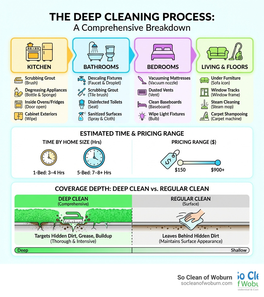 Infographic showing the deep cleaning process: a step-by-step breakdown with icons for each room, tasks performed (scrubbing grout, degreasing appliances, vacuuming mattresses, descaling fixtures), estimated time by home size (1-bed: 3-4 hrs, 5-bed: 7-8+ hrs), and pricing range ($150–$900+), with a comparison bar showing deep clean vs regular clean coverage depth - deep clean cleaners infographic Infographic showing the deep cleaning process: a step-by-step breakdown with icons for each room, tasks performed (scrubbing grout, degreasing appliances, vacuuming mattresses, descaling fixtures), estimated time by home size (1-bed: 3-4 hrs, 5-bed: 7-8+ hrs), and pricing range ($150–$900+), with a comparison bar showing deep clean vs regular clean coverage depth - deep clean cleaners infographic