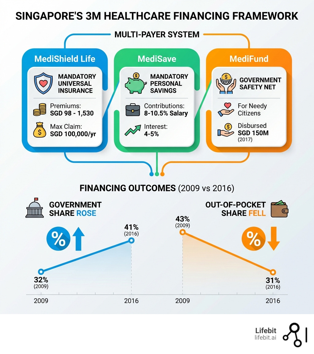 Infographic showing Singapore's 3M healthcare financing framework: MediShield Life provides mandatory universal insurance coverage for all citizens and permanent residents with premiums from SGD 98 to SGD 1,530 and max claim limit of SGD 100,000 per year; MediSave is a mandatory personal savings account with 8-10.5% salary contributions earning 4-5% interest used for healthcare expenses; MediFund is a government safety net that disbursed SGD 150 million in 2017 to needy citizens who cannot cover remaining healthcare costs; together the 3Ms create a multi-payer system where government share of health expenditure rose from 32% in 2009 to 41% in 2016 while out-of-pocket share fell from 43% to 31% - Singapore healthcare data infographic 