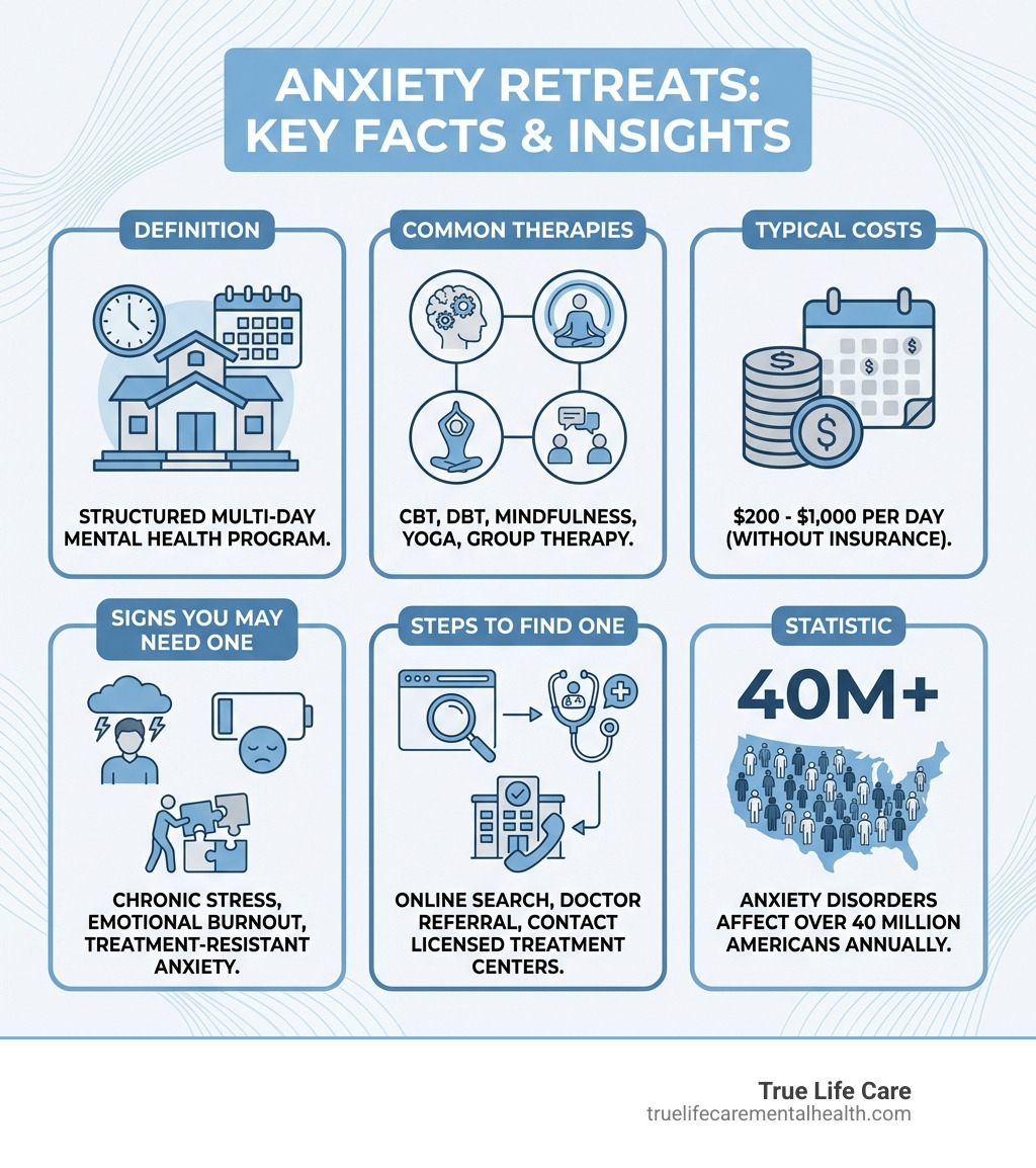 Infographic showing key facts about anxiety retreats: definition as a structured multi-day mental health program; common therapies including CBT, DBT, mindfulness, yoga, and group therapy; typical costs ranging from $200 to $1,000 per day without insurance; signs you may need one including chronic stress, emotional burnout, and treatment-resistant anxiety; steps to find one including online search, doctor referral, and contacting licensed treatment centers; and the statistic that anxiety disorders affect over 40 million Americans annually - anxiety retreat near me infographic 