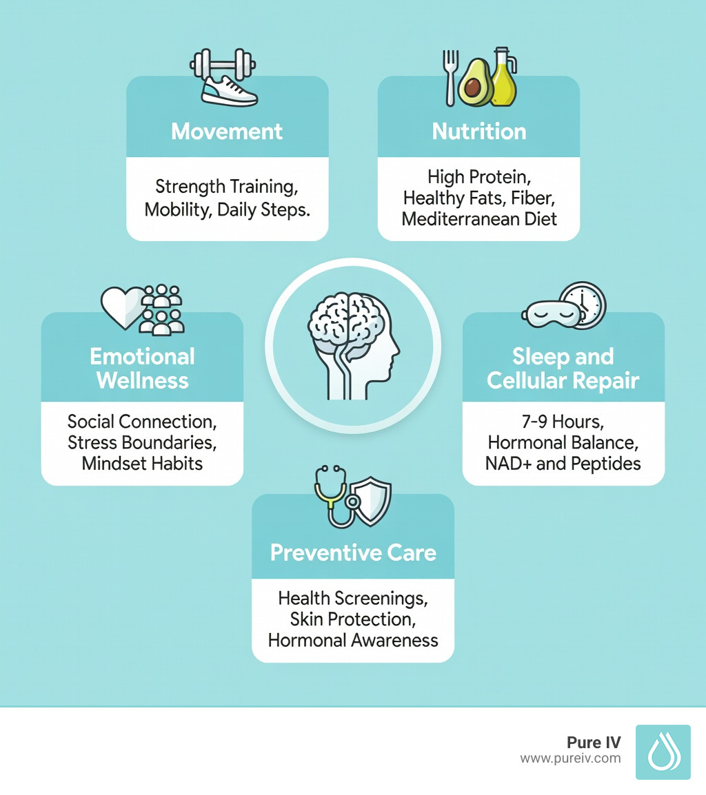 5 pillars of healthy aging infographic: Pillar 1 - Movement (strength training, mobility, daily steps); Pillar 2 - Nutrition (high protein, healthy fats, fiber, Mediterranean diet); Pillar 3 - Sleep and Cellular Repair (7-9 hours, hormonal balance, NAD+ and peptides); Pillar 4 - Emotional Wellness (social connection, stress boundaries, mindset habits); Pillar 5 - Preventive Care (health screenings, skin protection, hormonal awareness) - how to age gracefully infographic 5 pillars of healthy aging infographic: Pillar 1 - Movement (strength training, mobility, daily steps); Pillar 2 - Nutrition (high protein, healthy fats, fiber, Mediterranean diet); Pillar 3 - Sleep and Cellular Repair (7-9 hours, hormonal balance, NAD+ and peptides); Pillar 4 - Emotional Wellness (social connection, stress boundaries, mindset habits); Pillar 5 - Preventive Care (health screenings, skin protection, hormonal awareness) - how to age gracefully infographic