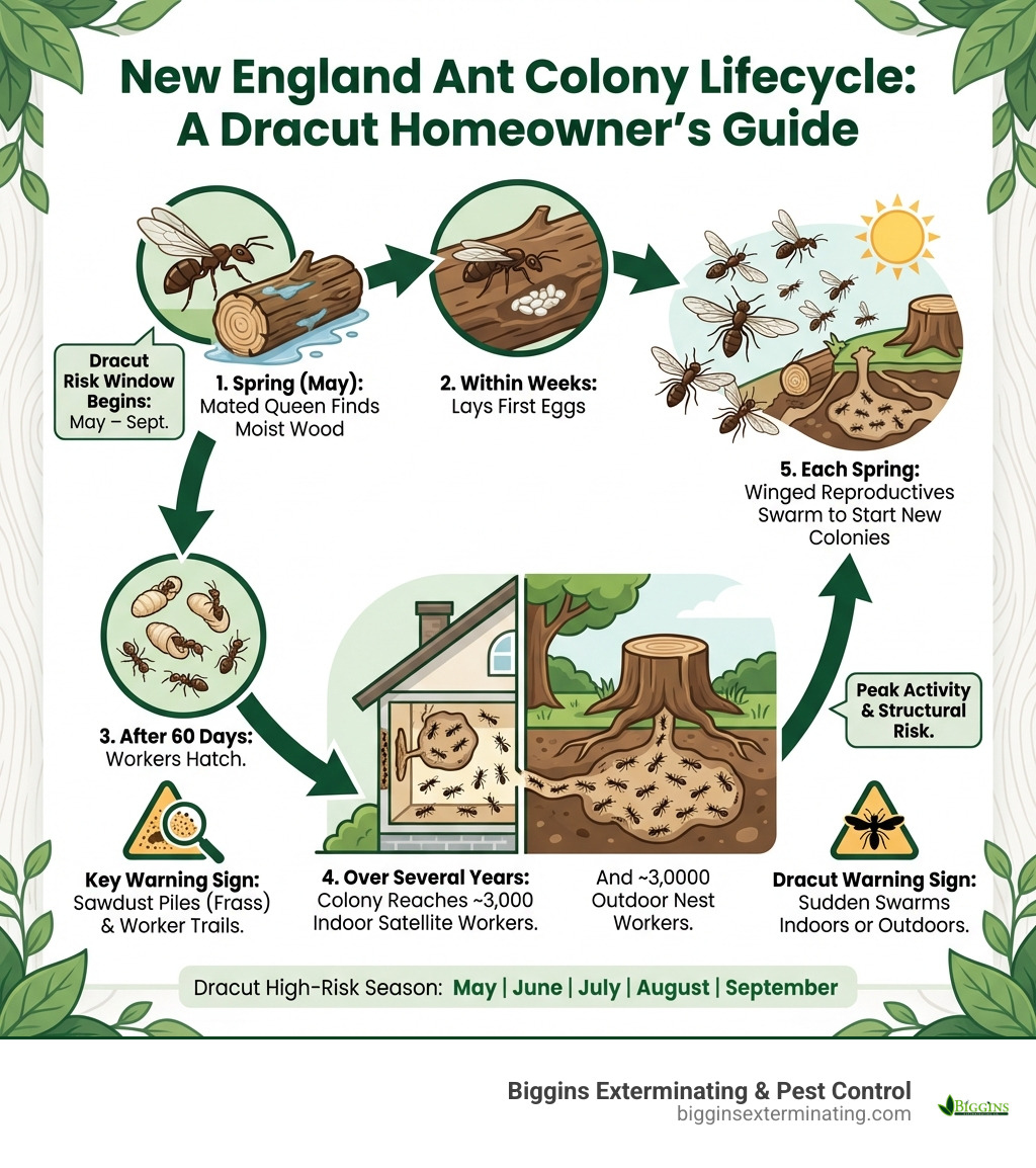 Infographic showing the lifecycle of a New England ant colony: starting with a mated queen finding moist wood in spring, laying first eggs within weeks, workers hatching after 60 days, colony reaching 3,000 indoor satellite workers and 30,000 outdoor nest workers over several years, with winged reproductives swarming each spring to start new colonies — annotated with Dracut-specific risk windows like May through September and key warning signs at each stage - ant infestation treatment Dracut infographic 